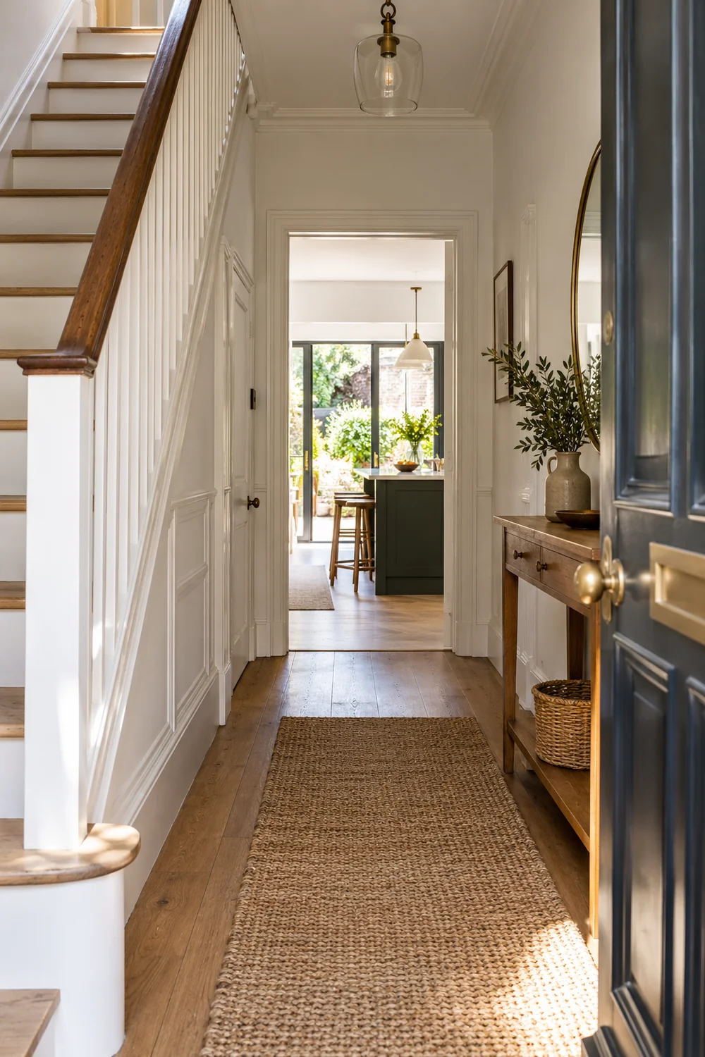 Narrow hallway with timber stairs and a bright rear room