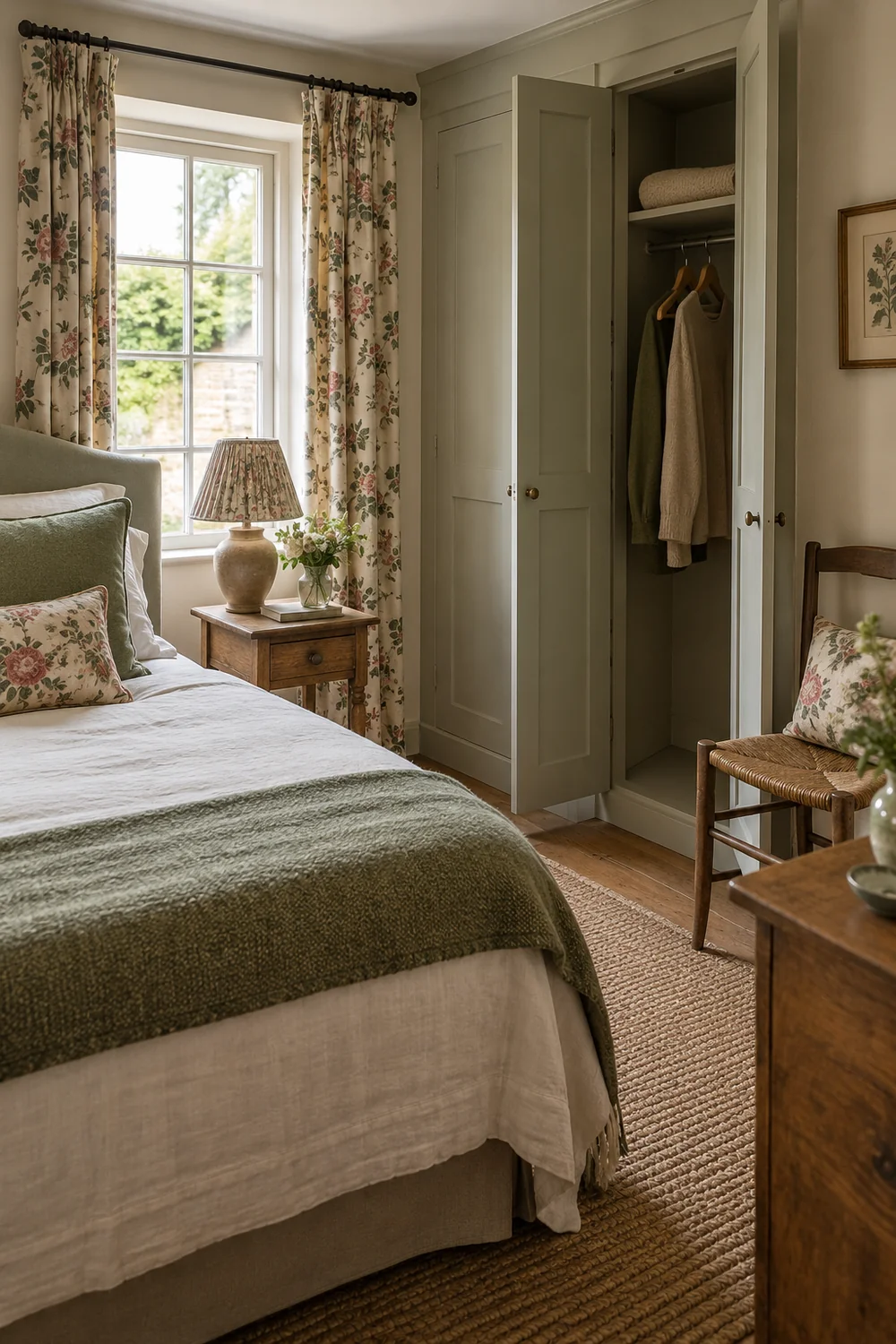 Narrow painted wardrobe door open to show one empty shelf and small hanging section for visitor