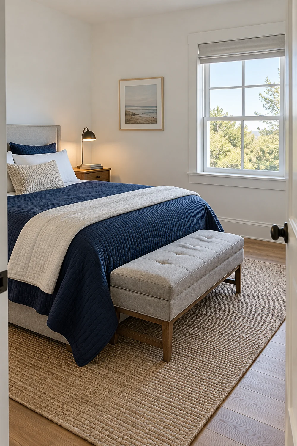 Navy covered bed and upholstered luggage bench beside a white window