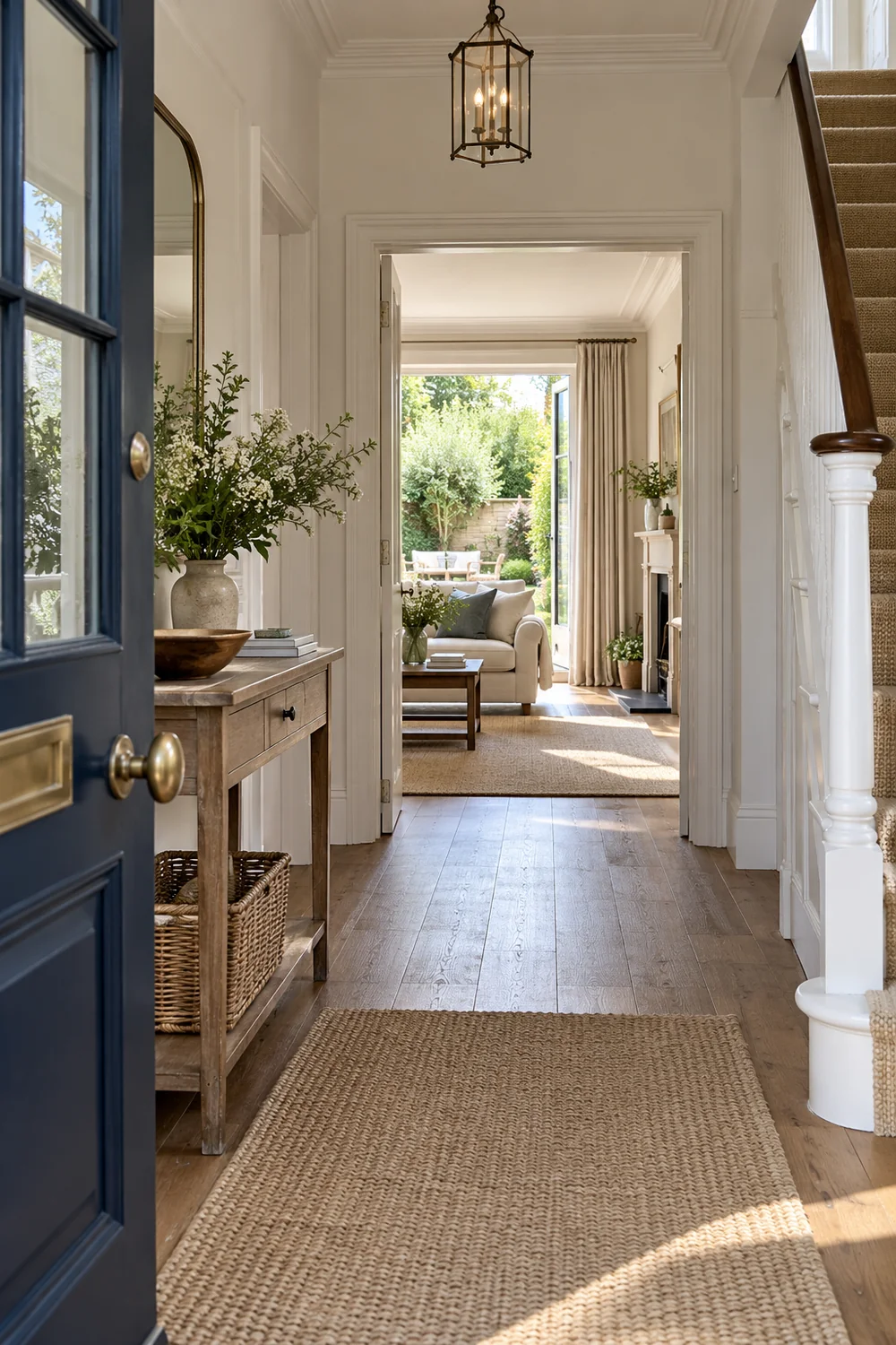 Navy entrance door opening toward a bright living room and garden