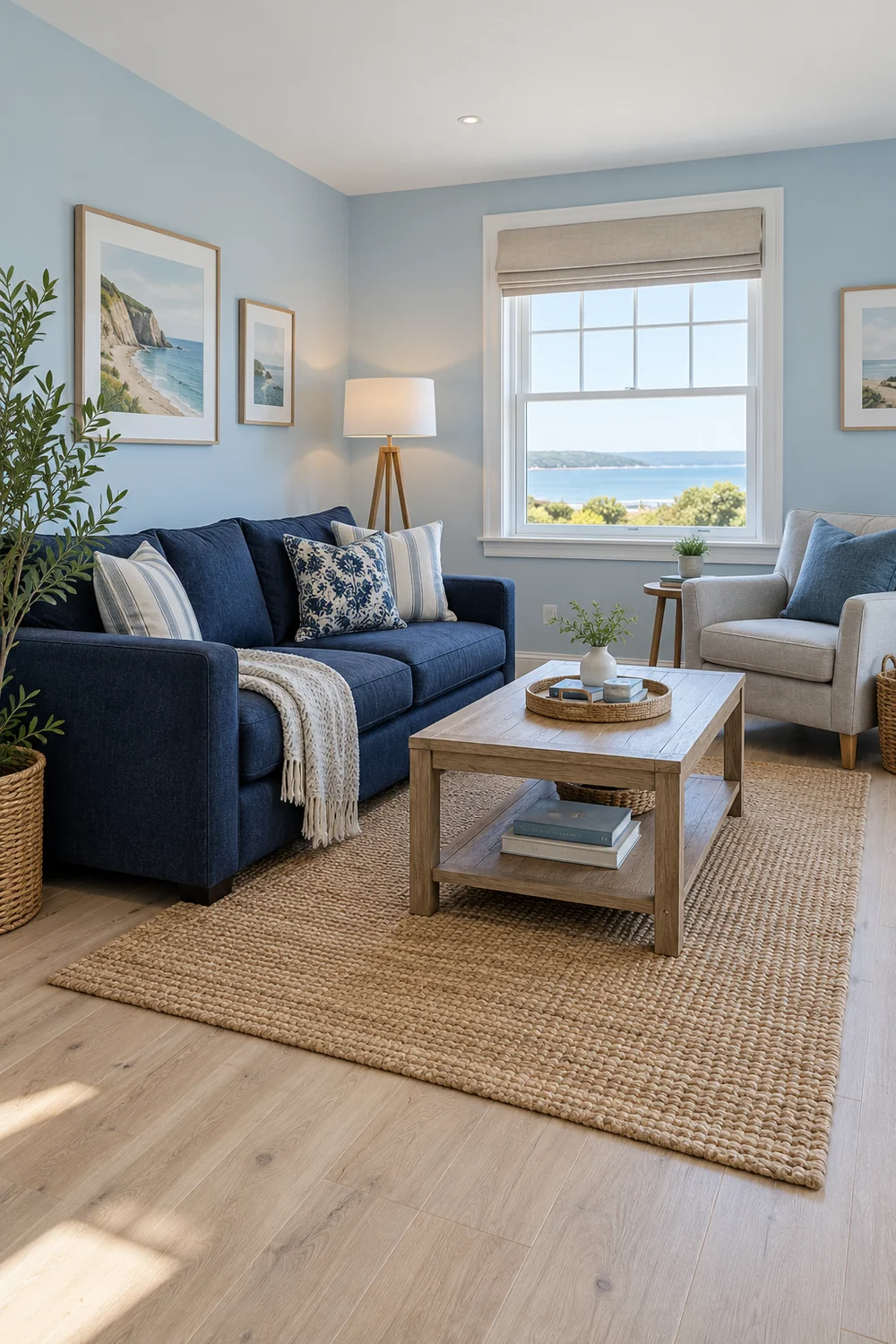 Navy sofa and pale armchair in a light blue living room