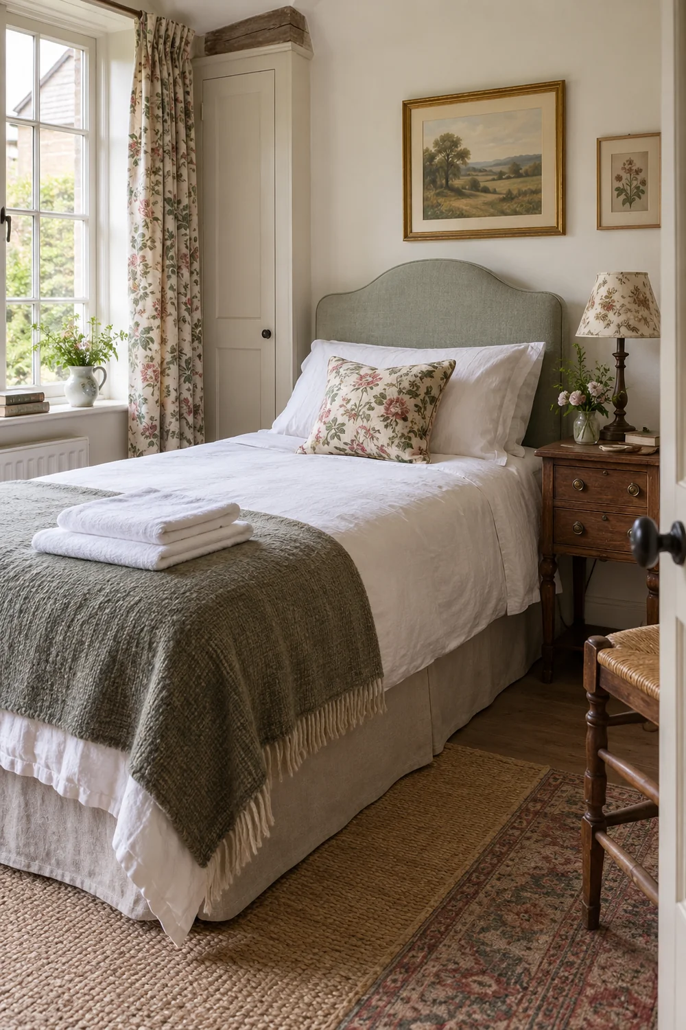 Neatly folded clean linen on bed with small floral cushion and cared for antique bedside, daylight