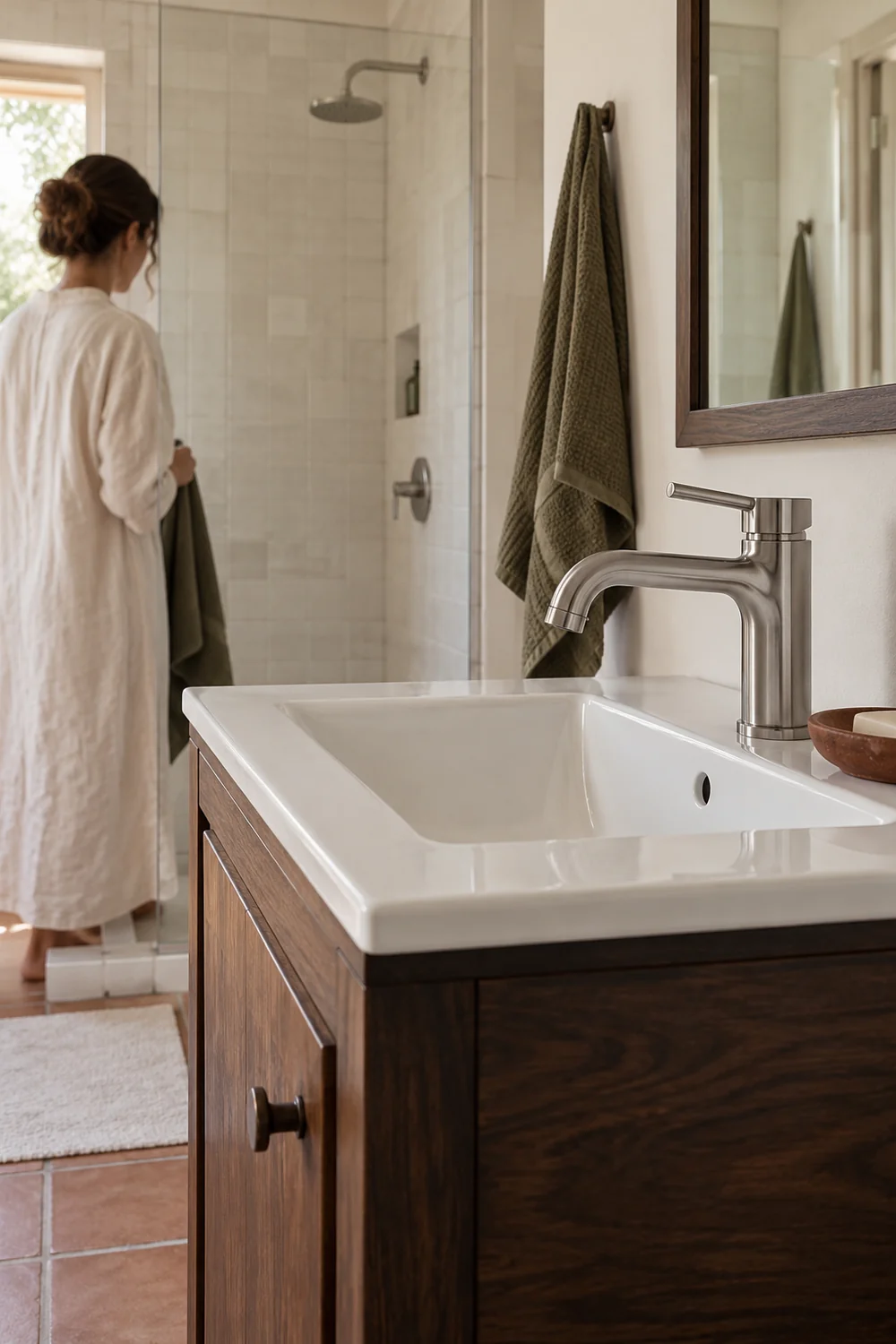 Nickel tap above a white basin with a host hanging a towel in the background