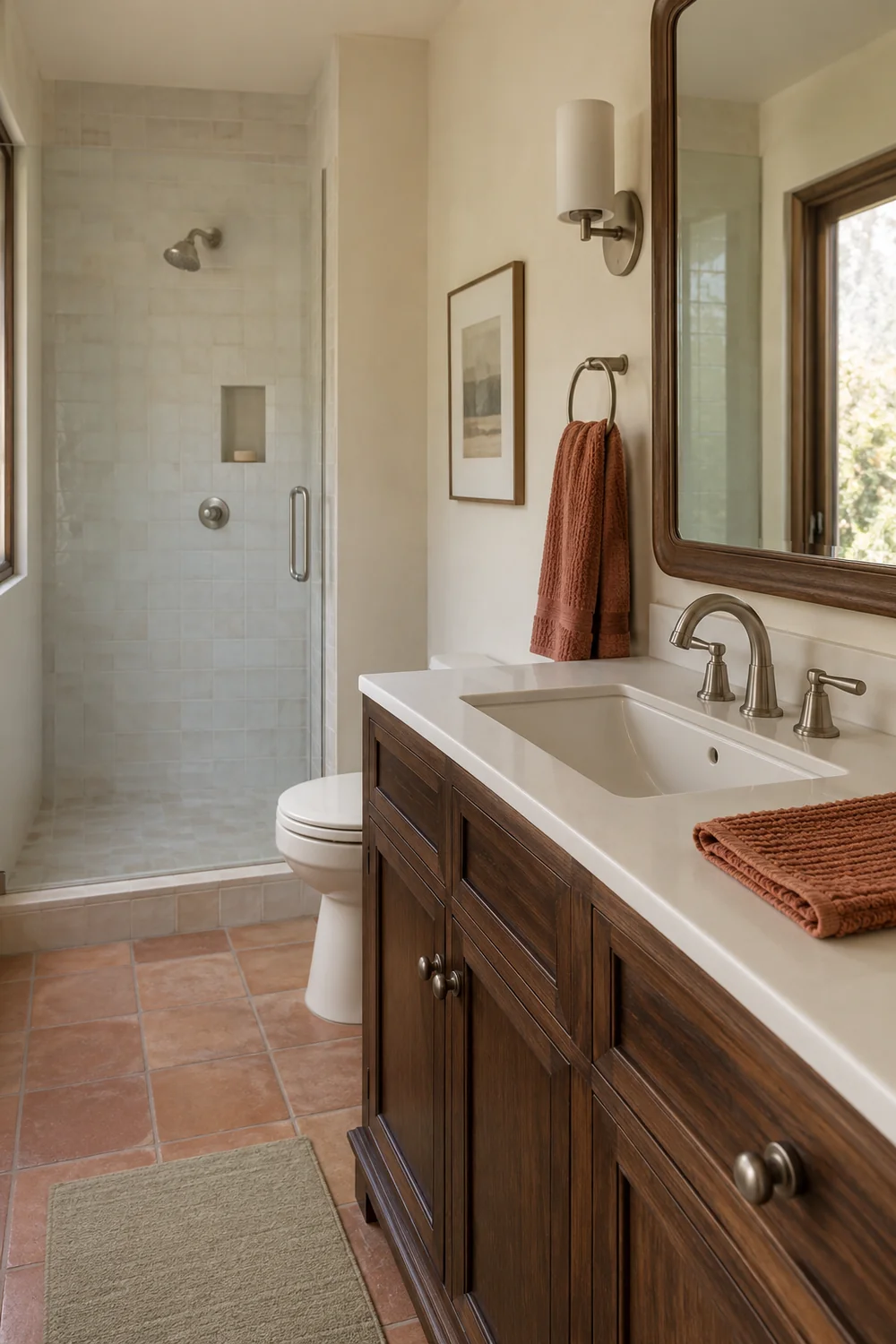 Nickel tap and rust towel above a walnut vanity beside a pale tiled shower