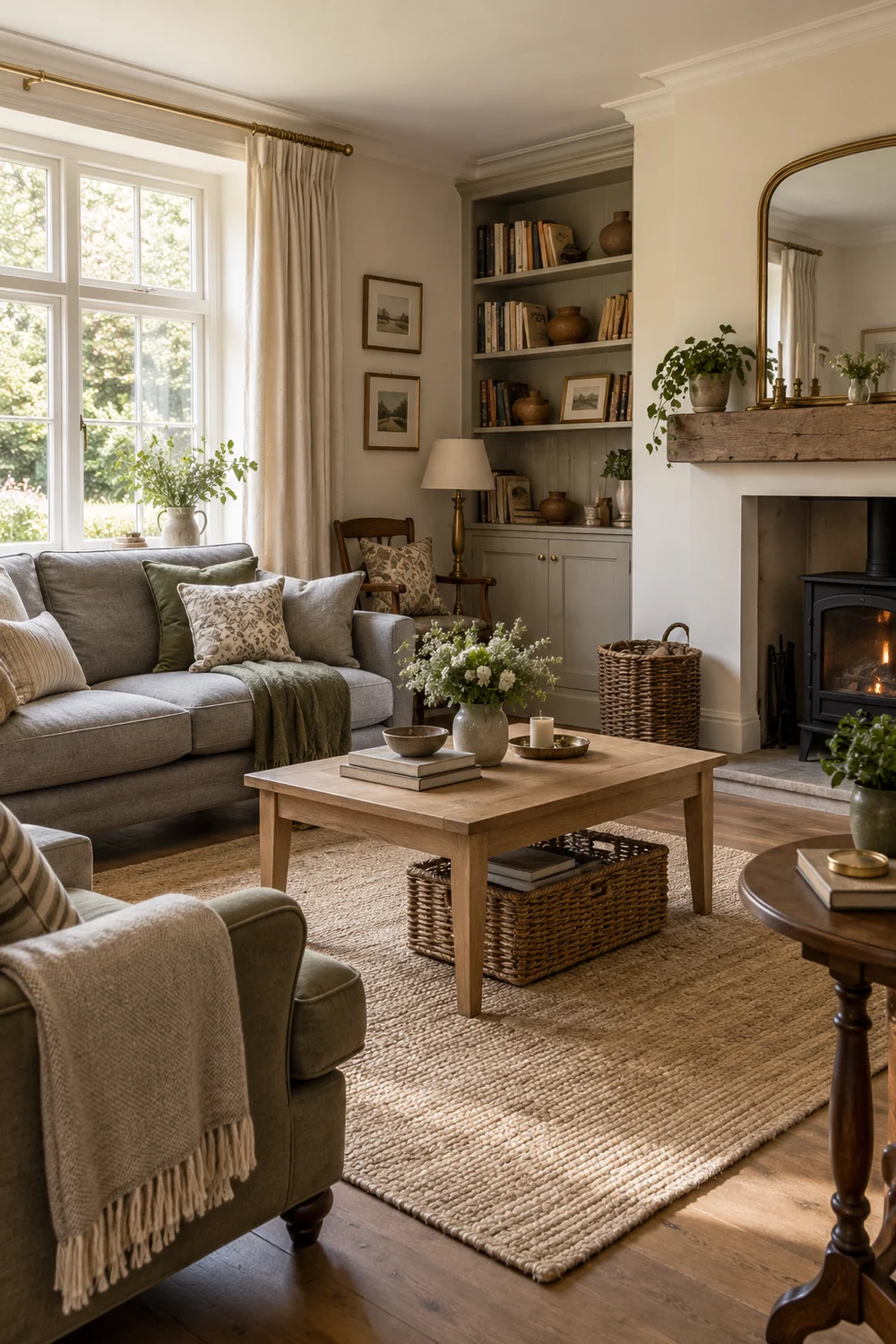Oak and walnut furniture spread around a grey cottage sofa