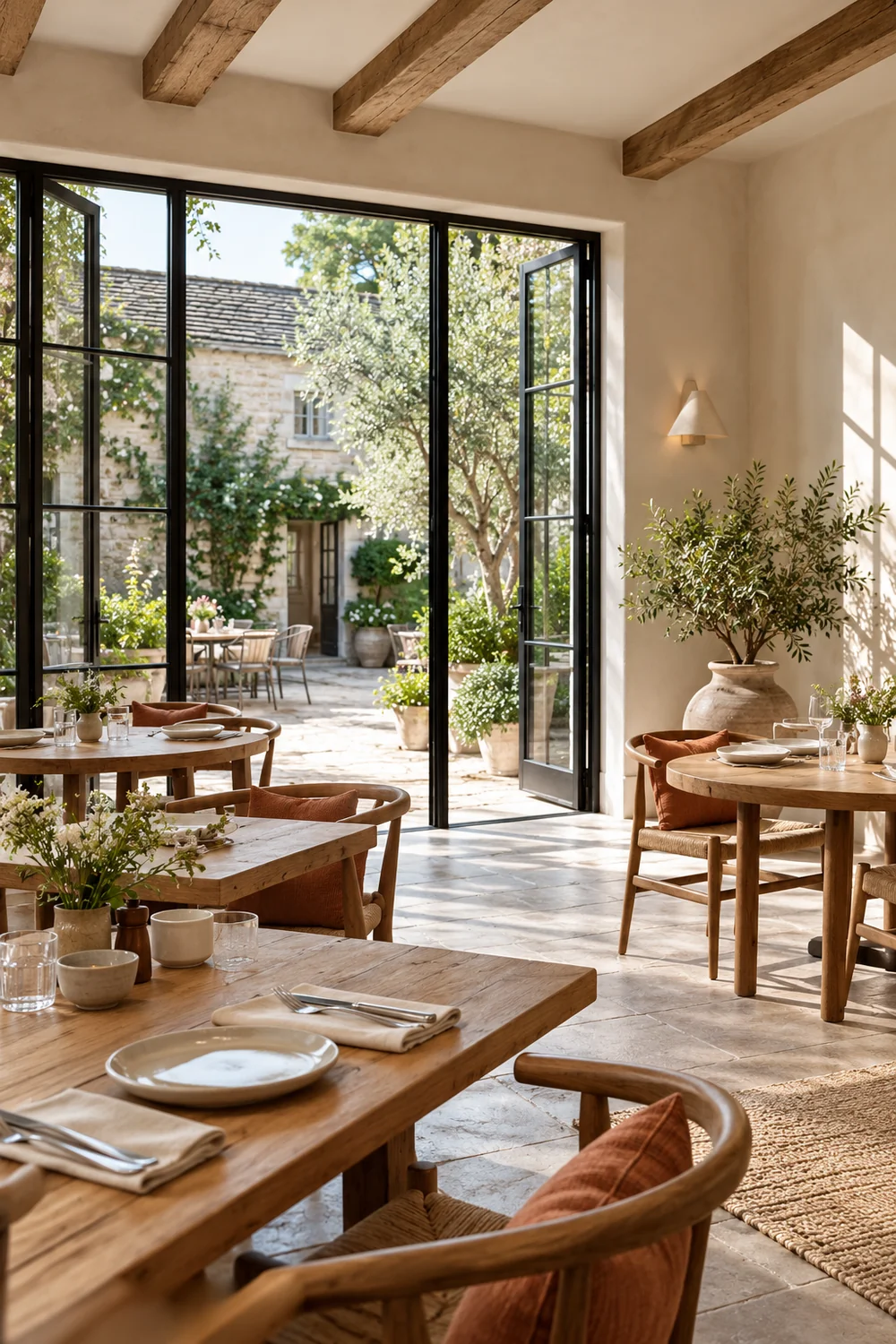 Oak breakfast tables beside open doors to a stone courtyard