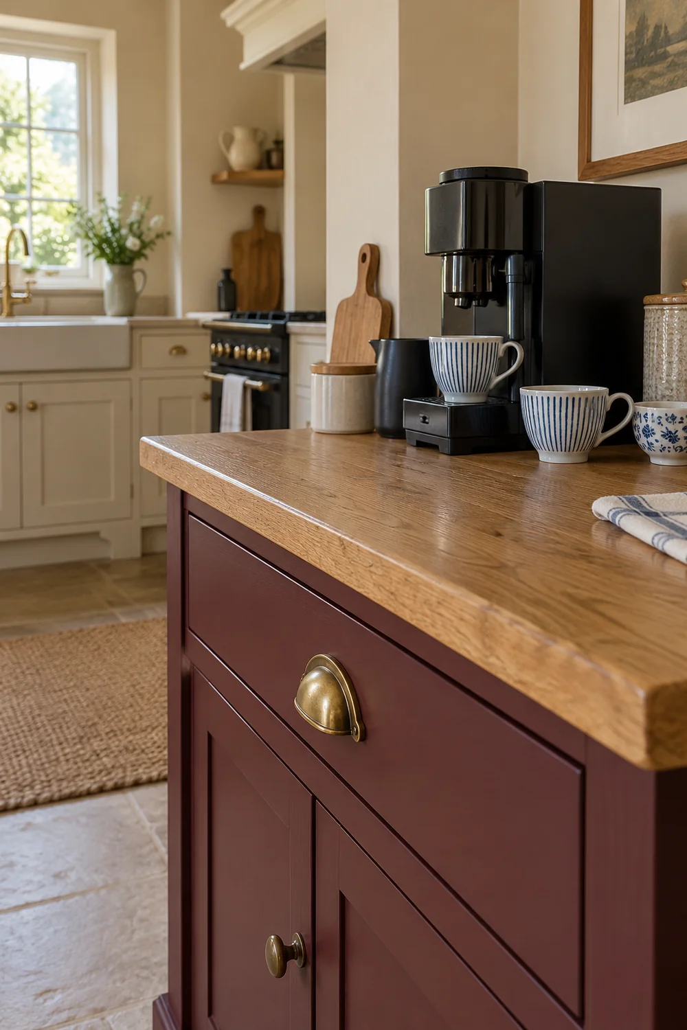Oak coffee cabinet top and brass drawer handle beneath a black coffee machine