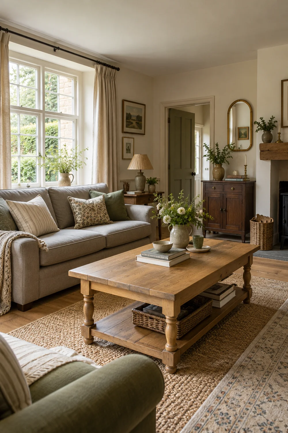 Oak coffee table and darker cabinet across a cottage seating area