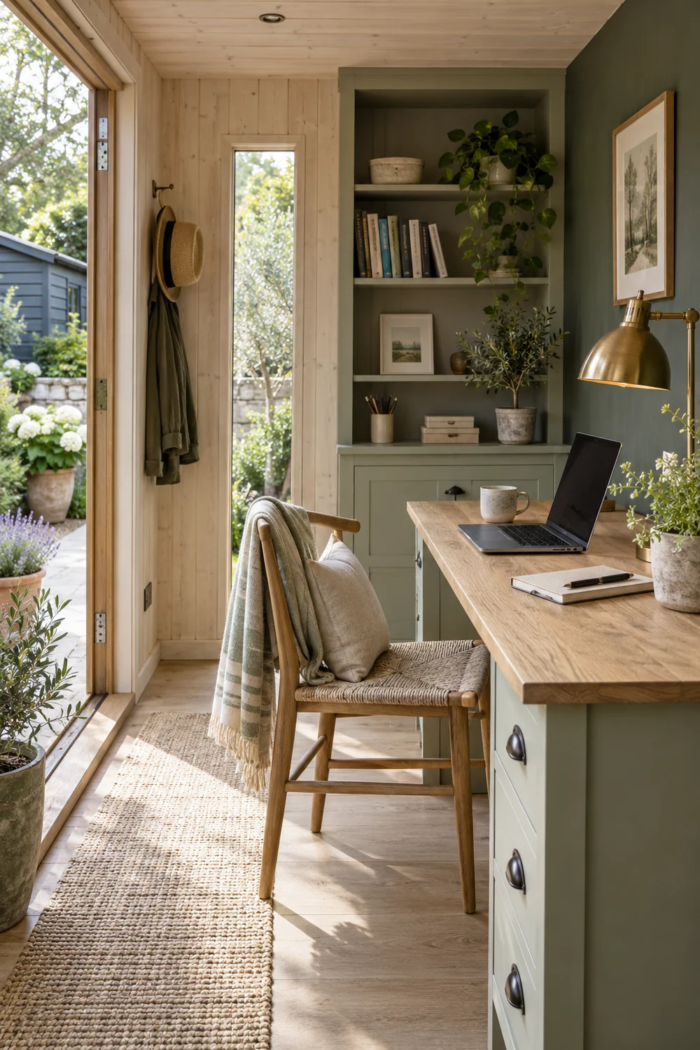 Oak desk and clear walking floor inside a small garden office