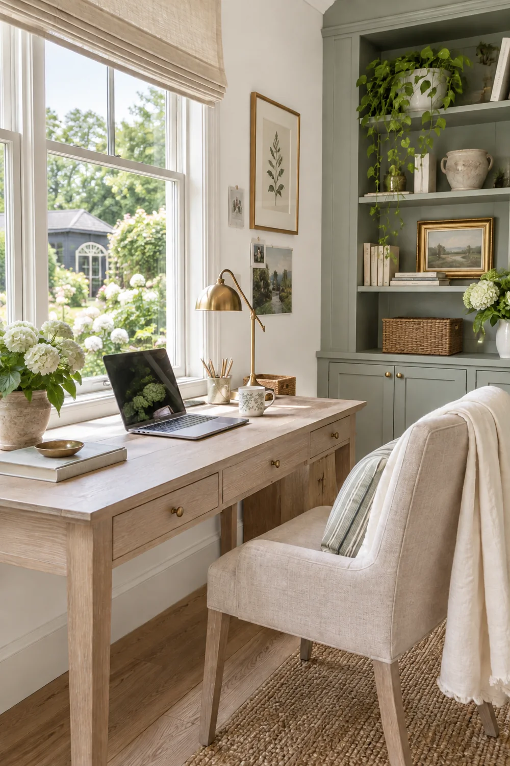 Oak desk beside a garden window with a laptop screen