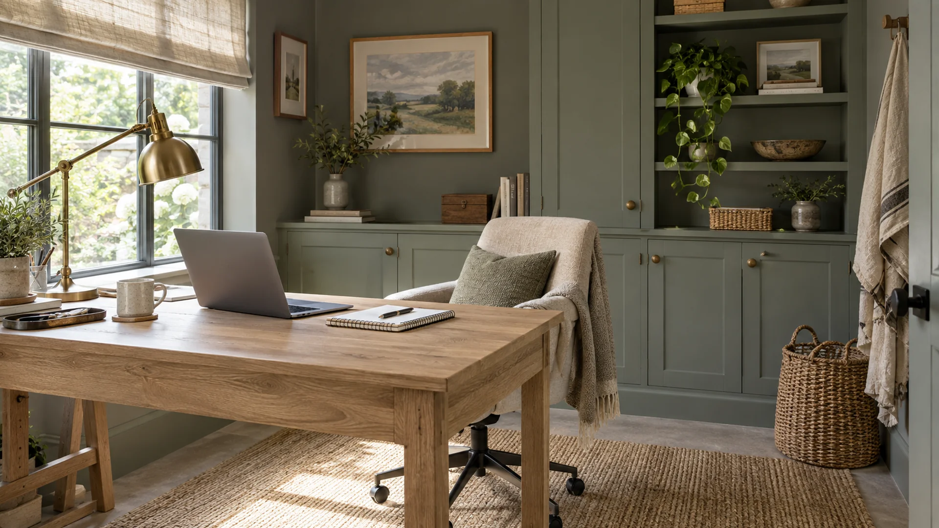 Oak desk brass lamp and sage storage in a garden office