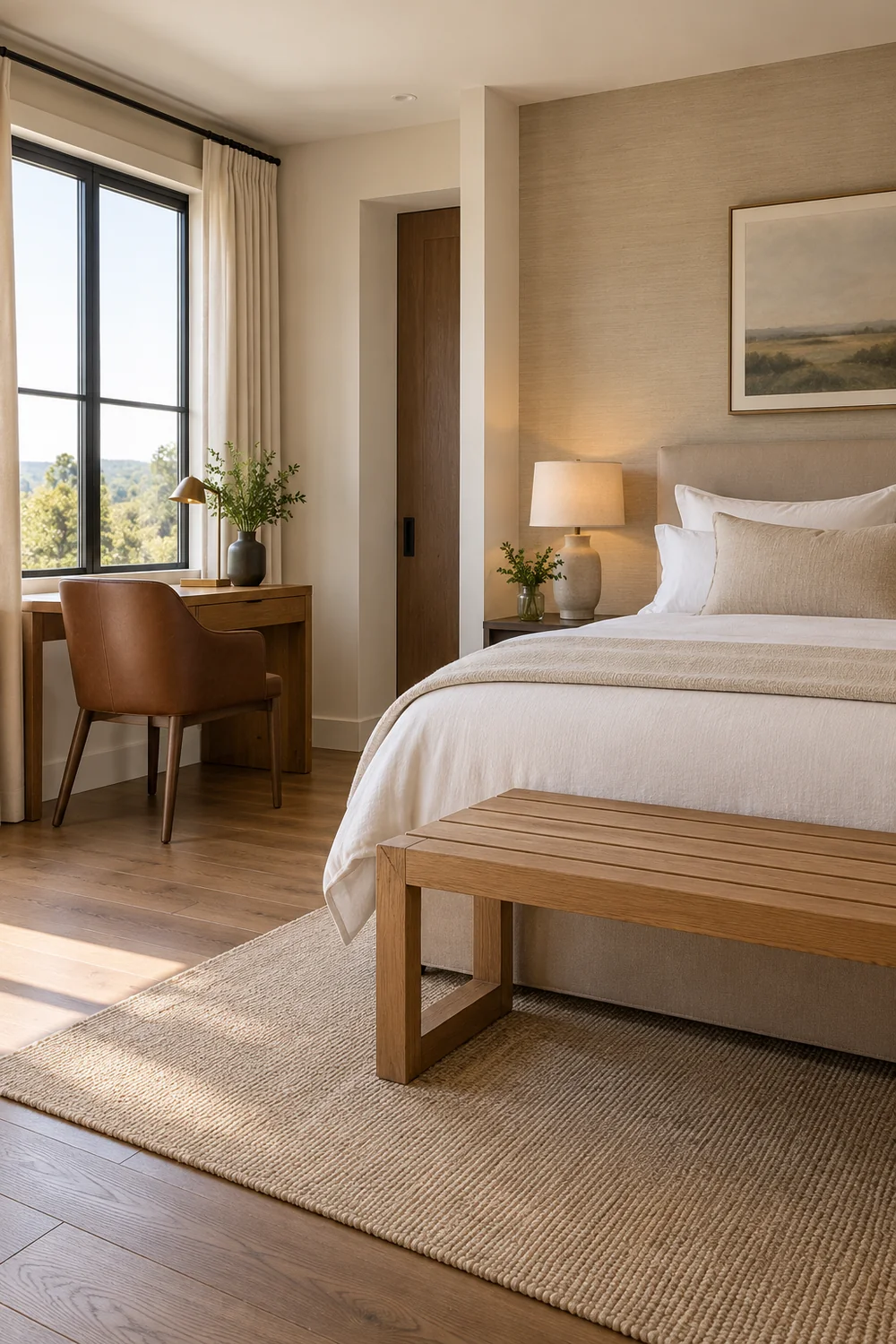Oak luggage bench and tobacco desk chair beside a cream hotel bed