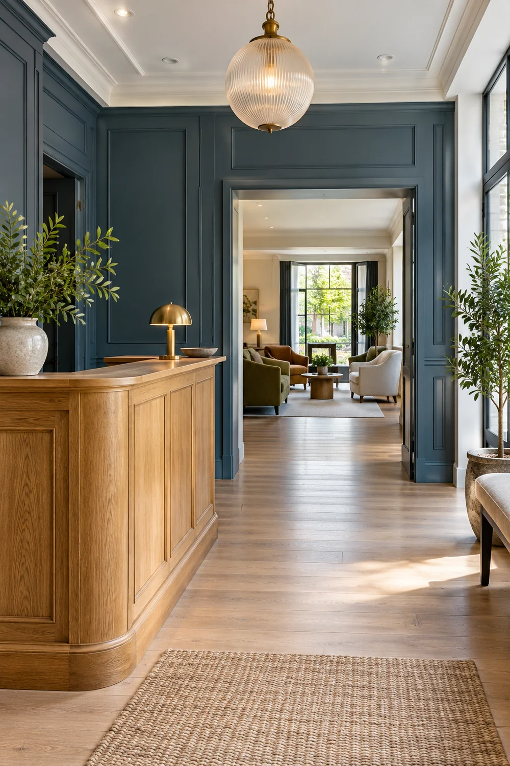 Oak reception desk with slate blue panelling and a view into a shared lounge