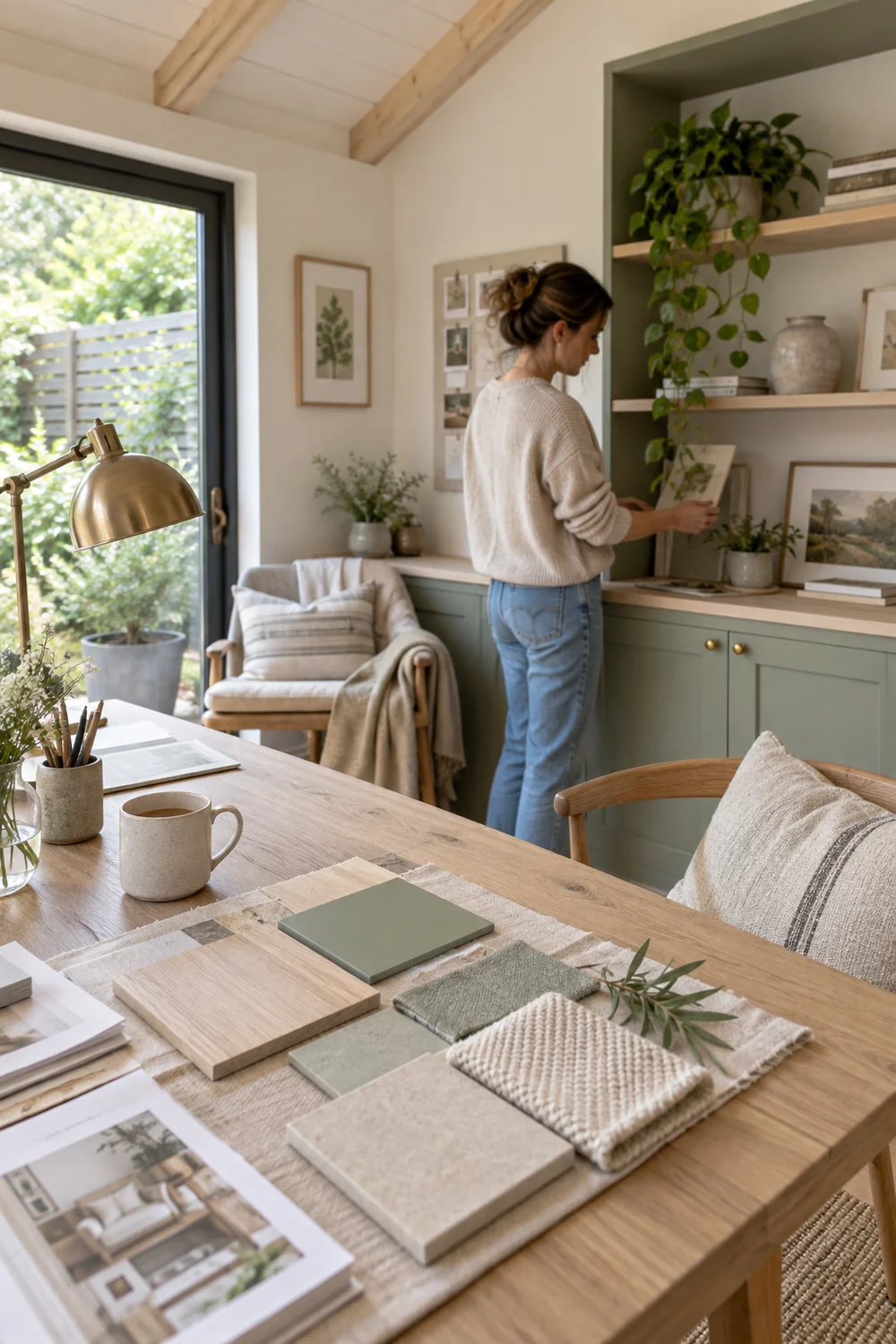 Oak sage and linen material samples on a garden office desk
