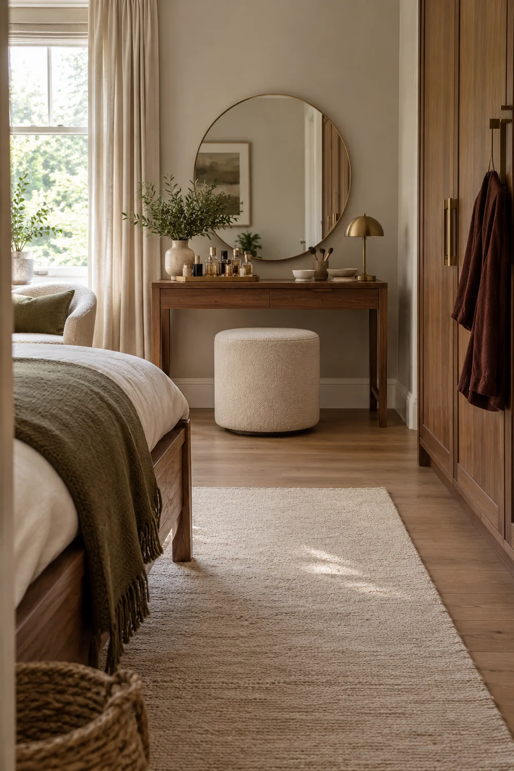 Oat upholstered stool tucked beneath simple walnut dressing table