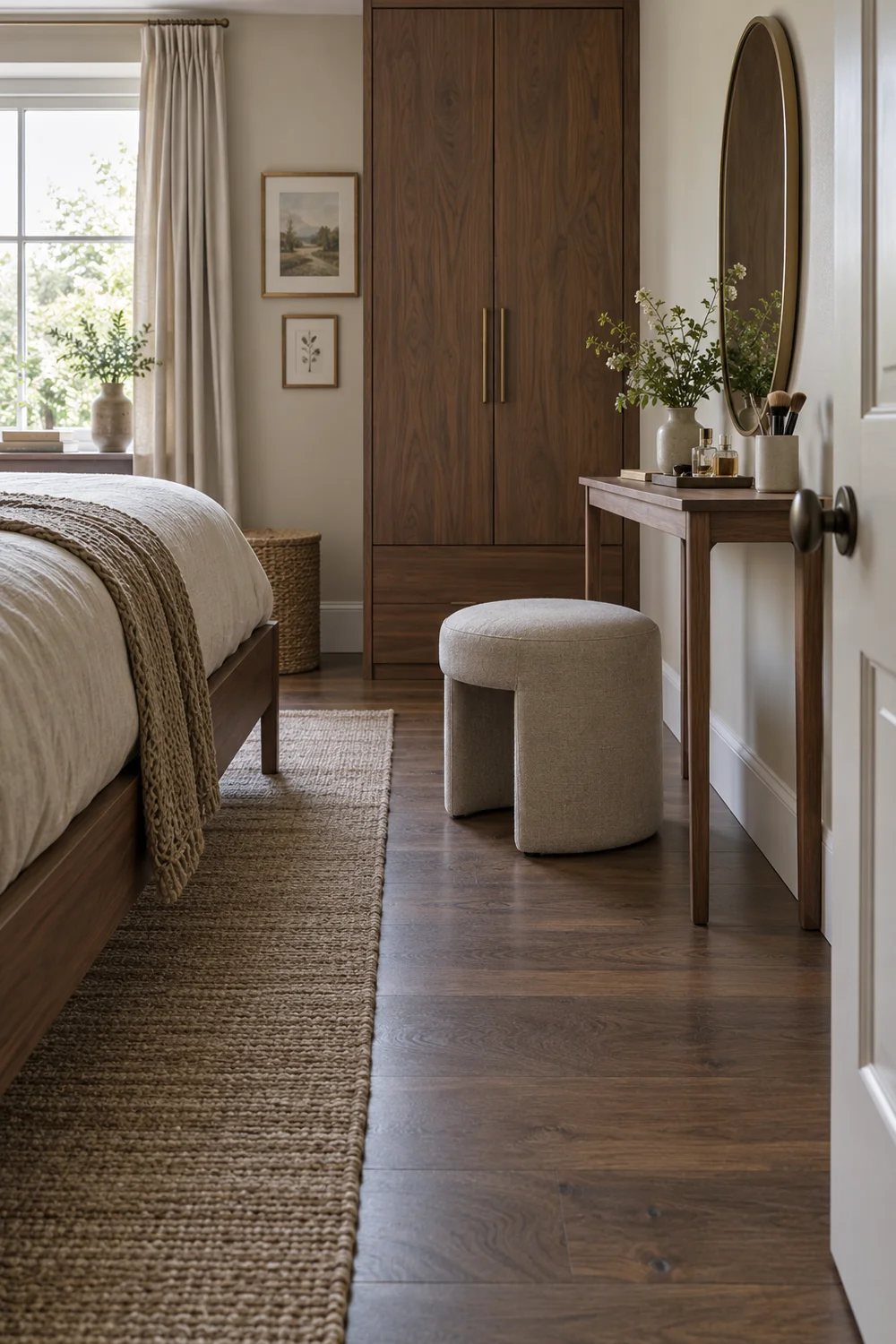 Oat vanity stool pulled toward bedroom doorway beside bed