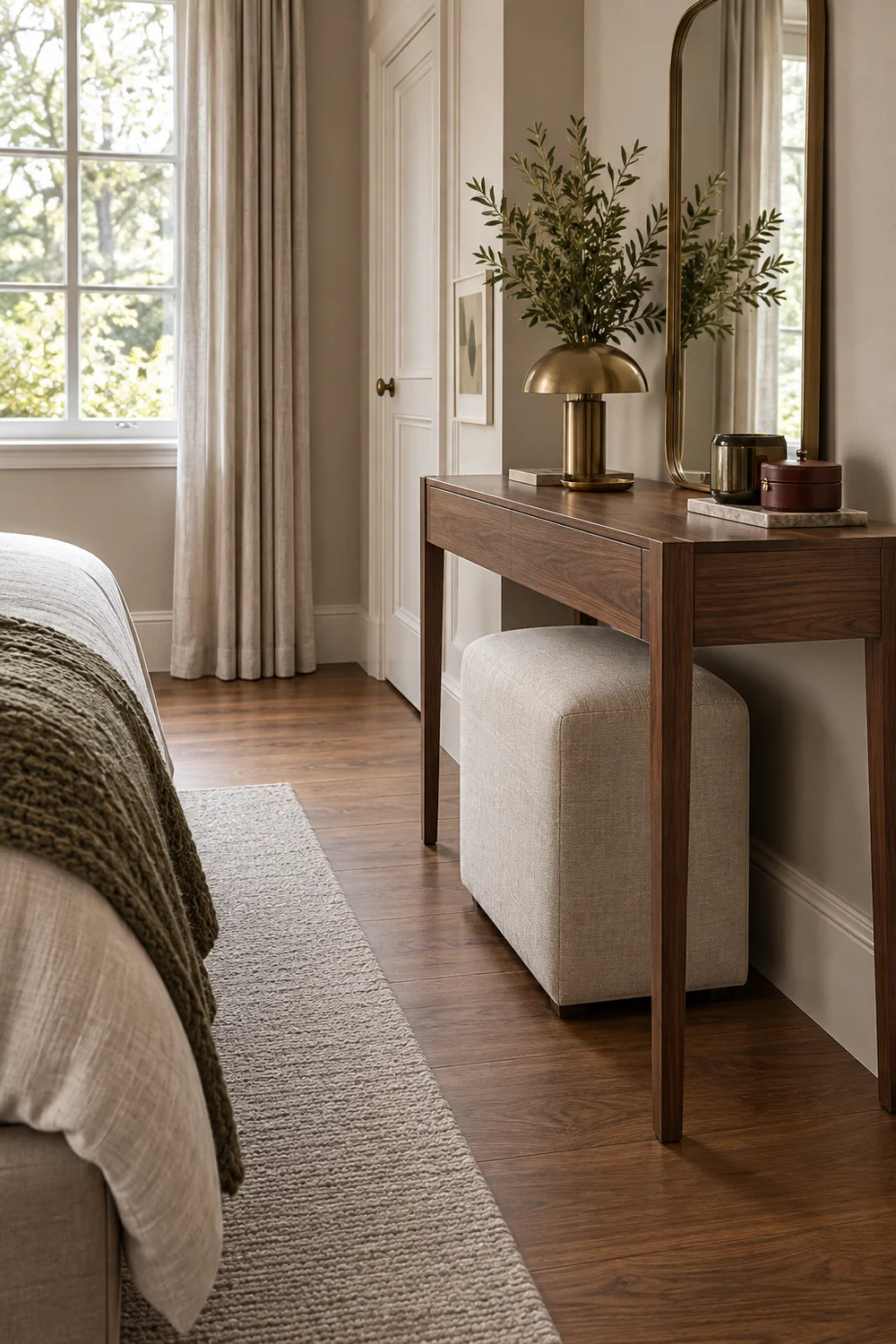 Oat vanity stool tucked neatly beneath walnut dressing table