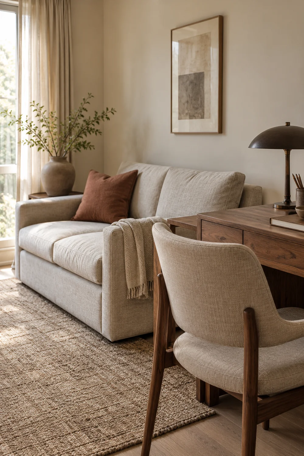 Oatmeal guest sofa and upholstered chair beside walnut furniture in daylight
