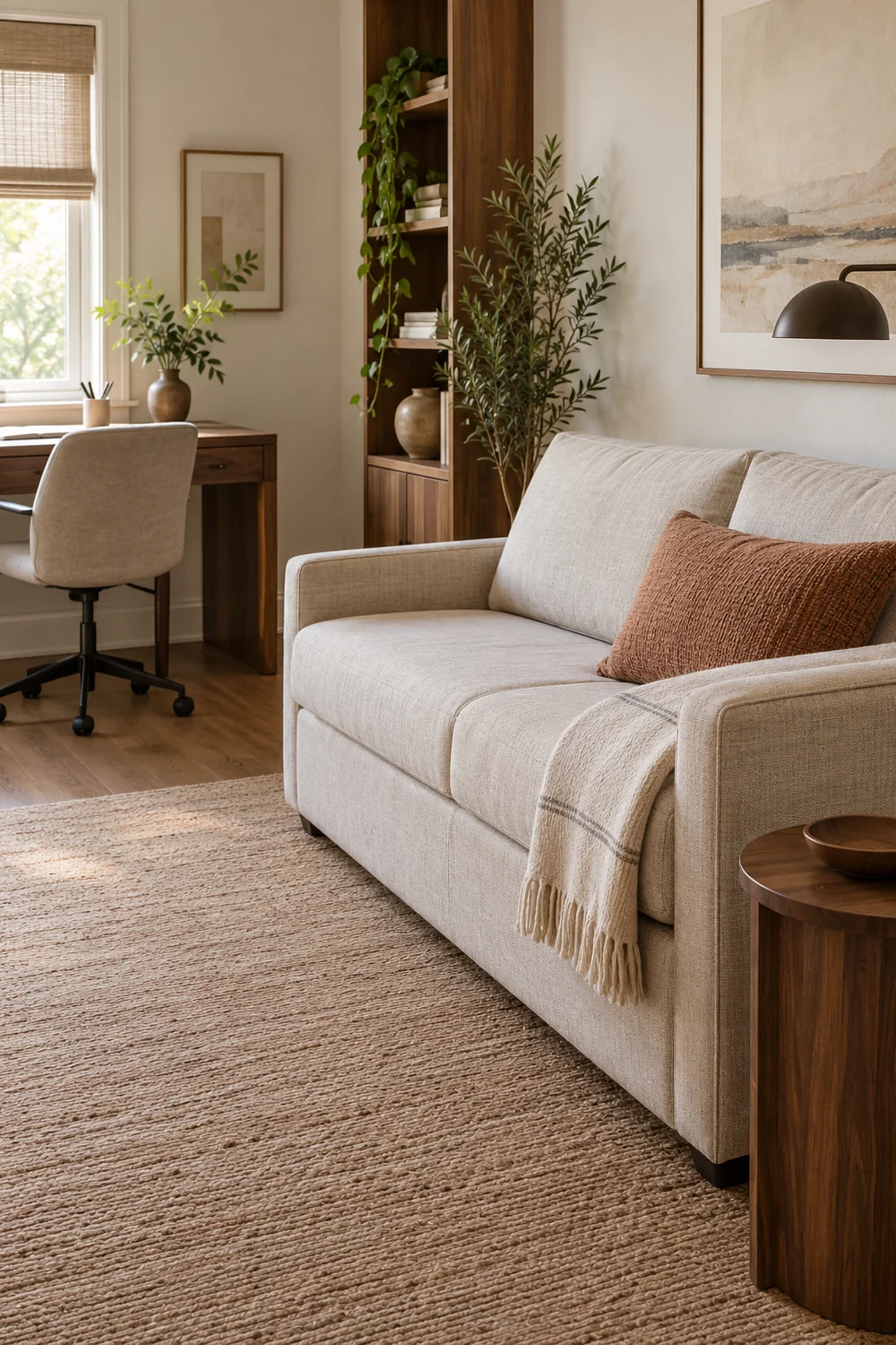 Oatmeal guest sofa with a clay cushion beside a small walnut surface and working desk