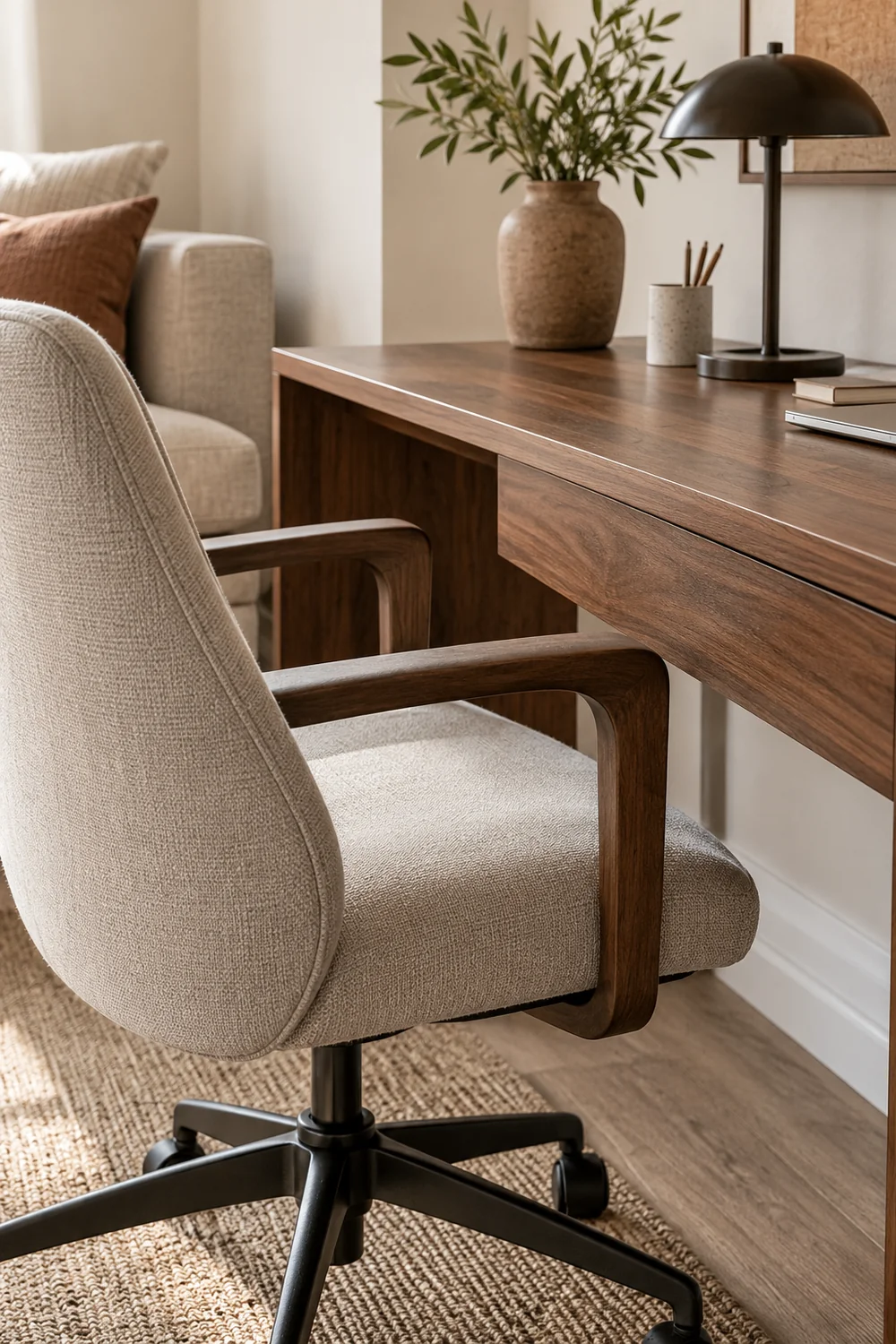 Oatmeal office chair arms beside a walnut desktop and visible drawer