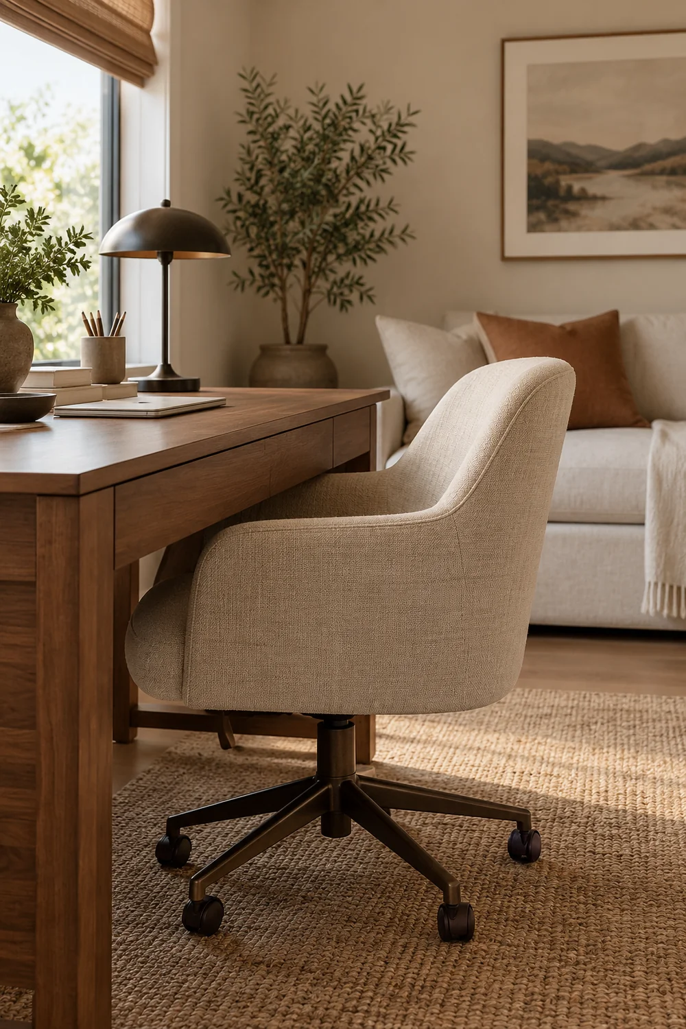 Oatmeal office chair tucked beneath a walnut desk with the guest sofa behind
