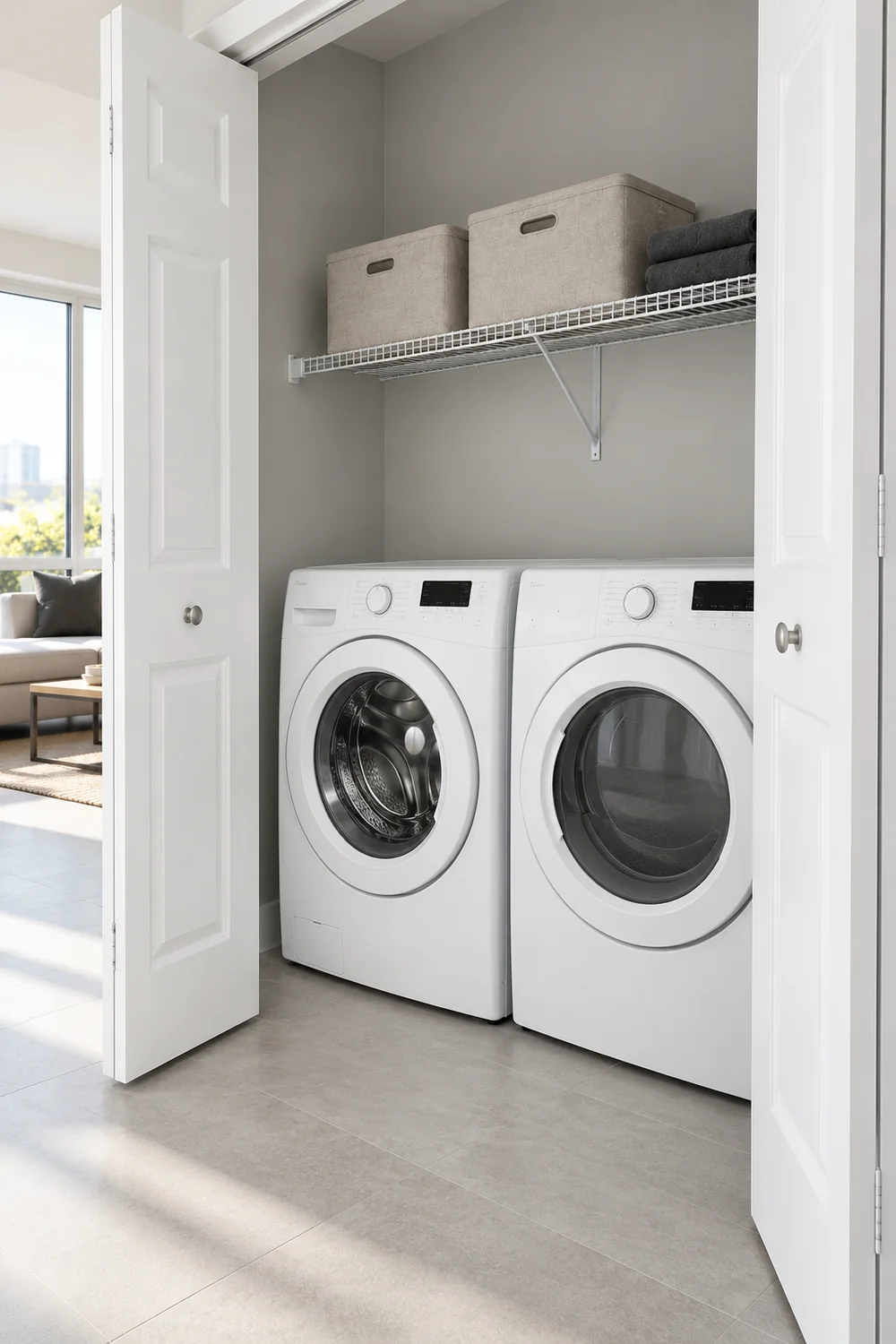 Oblique view of white laundry machines beneath a wire shelf with neutral fabric bins