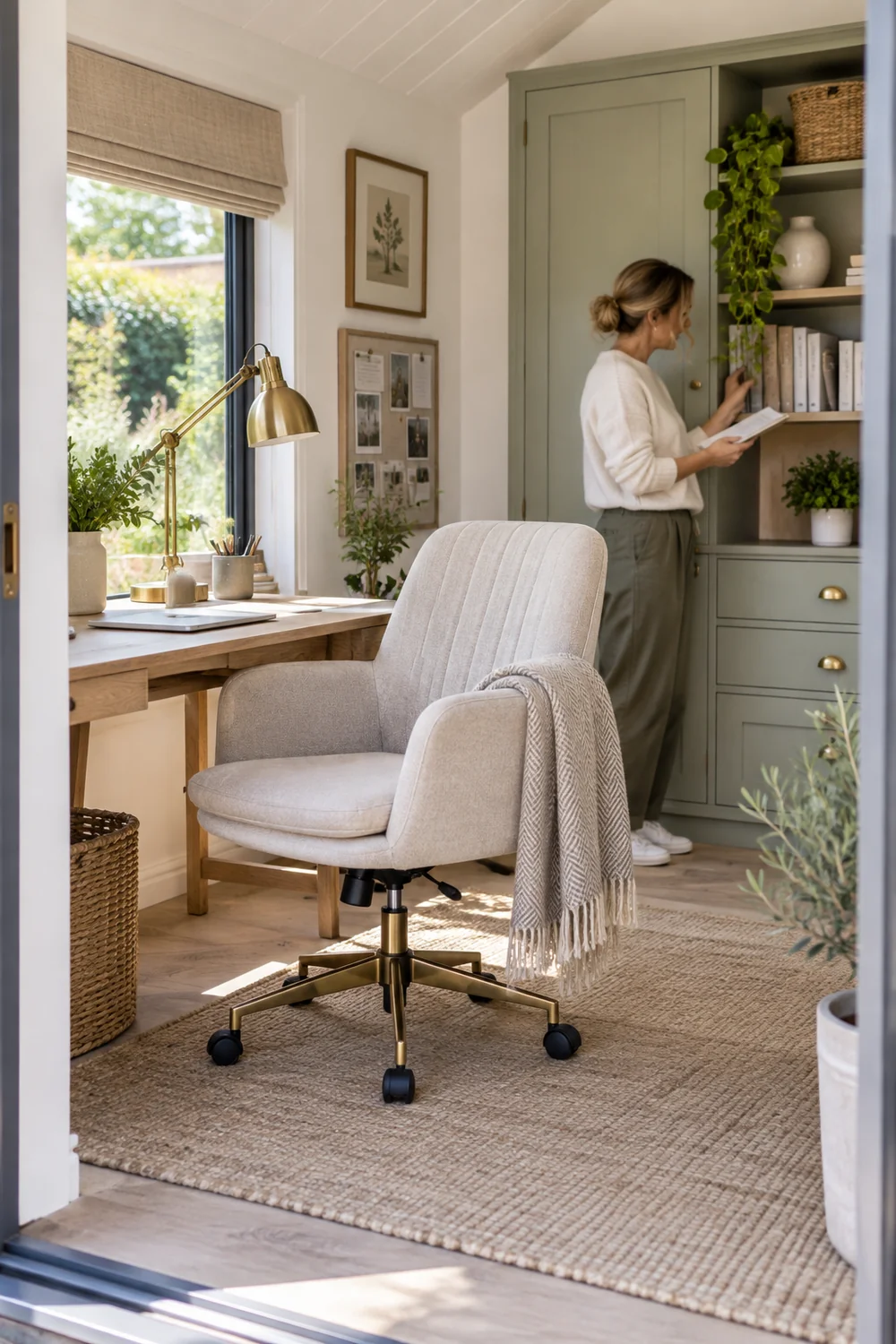 Office chair and task lamp beside a sage cabinet as a woman reviews books