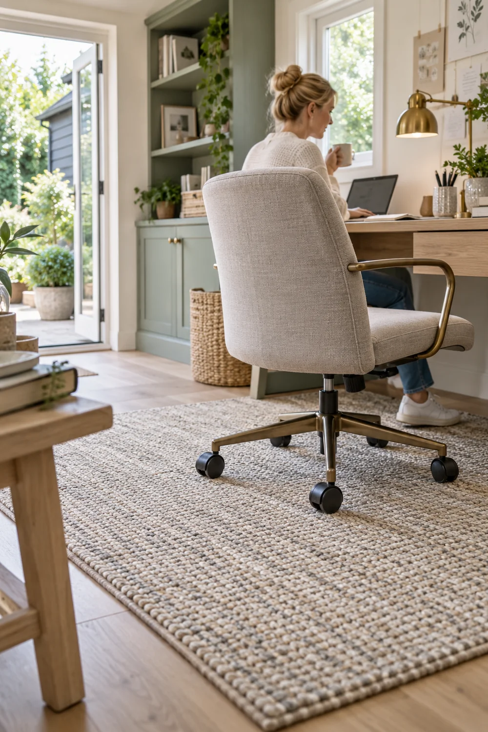 Office chair wheels resting on a textured rug beside the desk