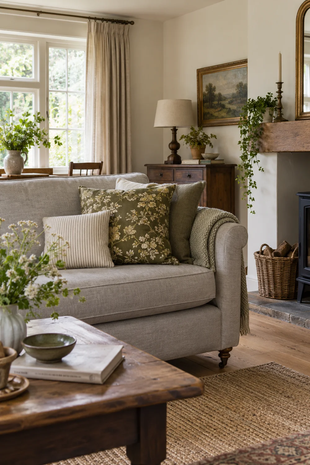 Olive botanical cushion and cream striped cushion on a grey sofa