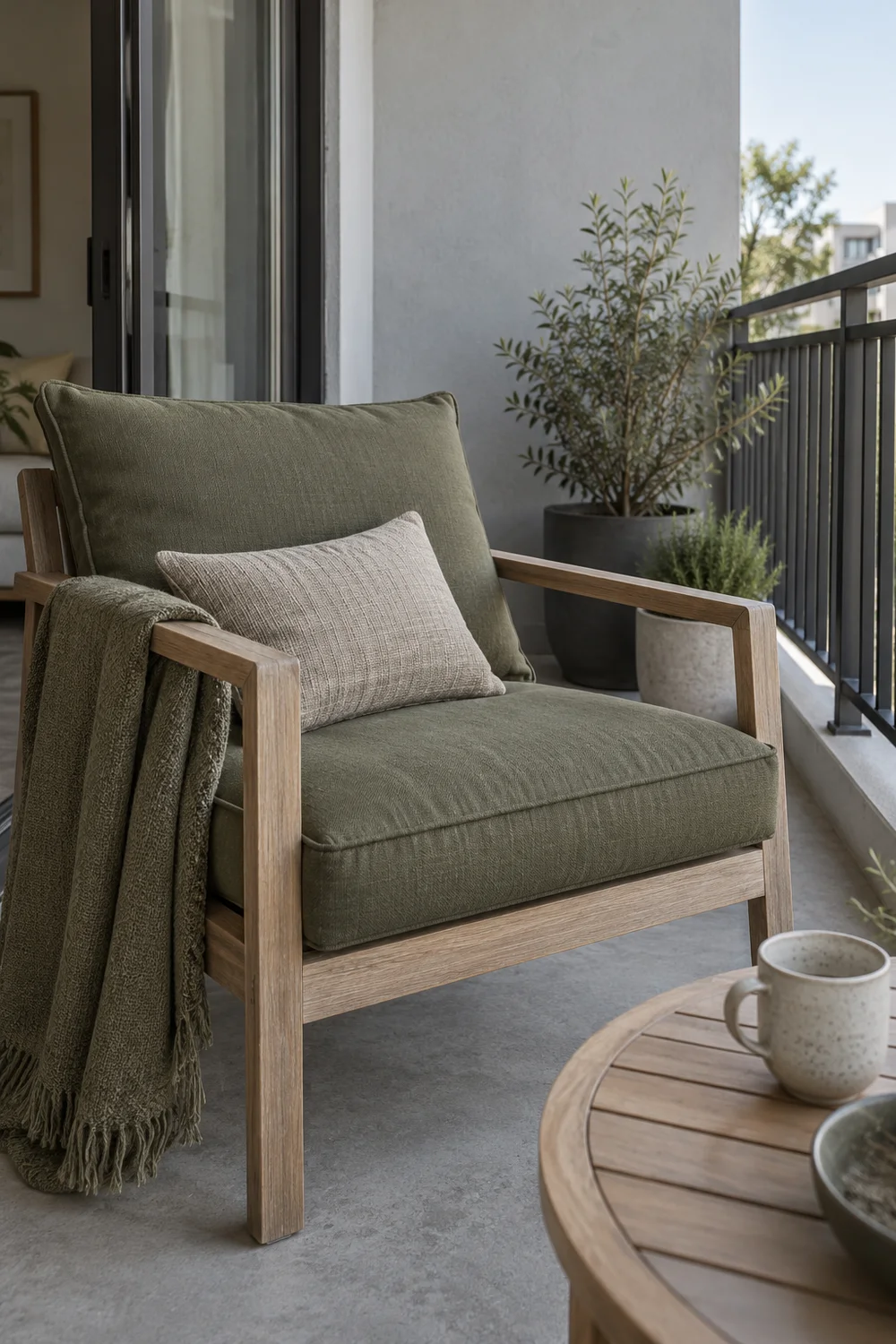 Olive cushion and grey pillow on a wooden balcony chair beside a round table