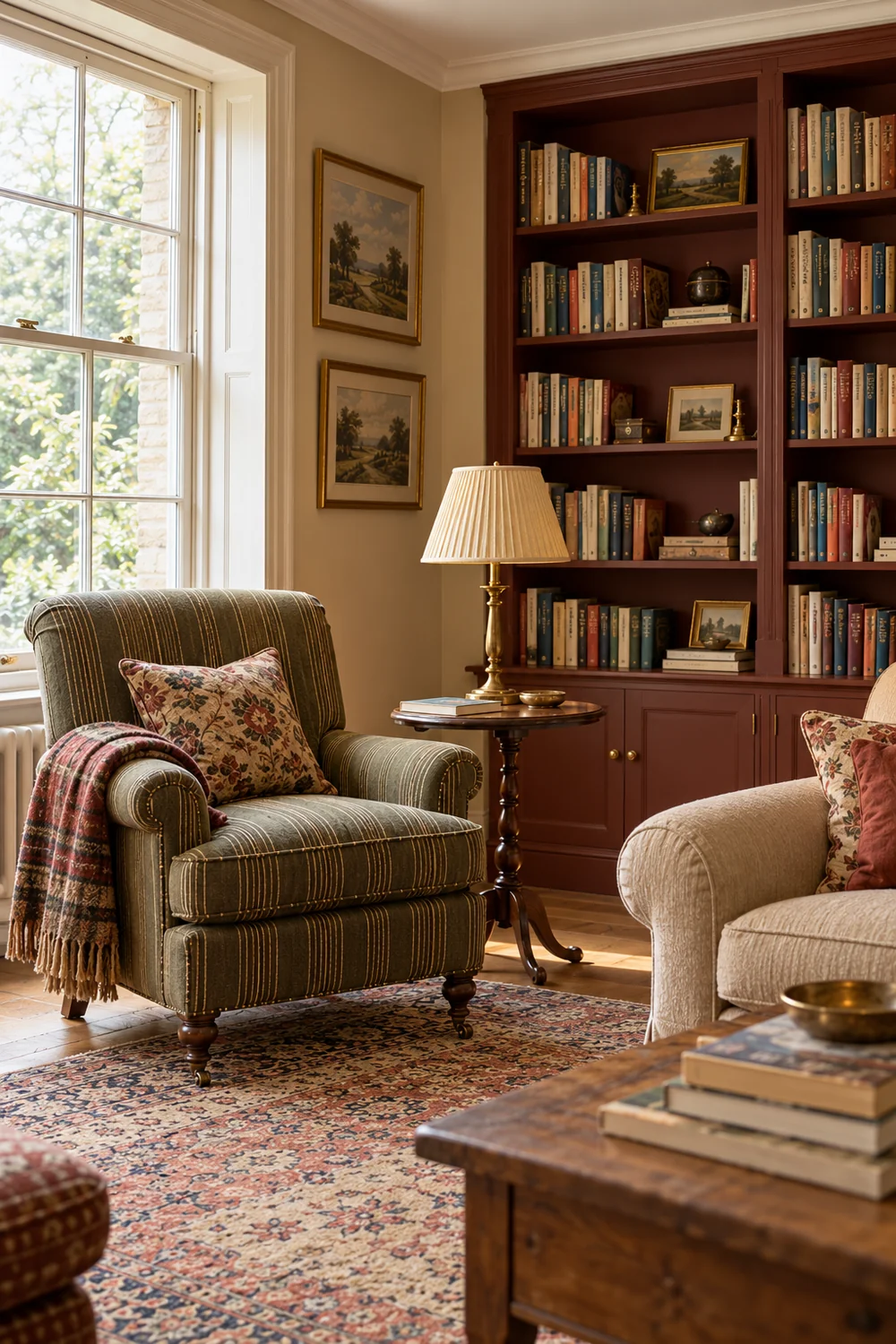 Olive striped reading chair beside a small table and English country bookshelves