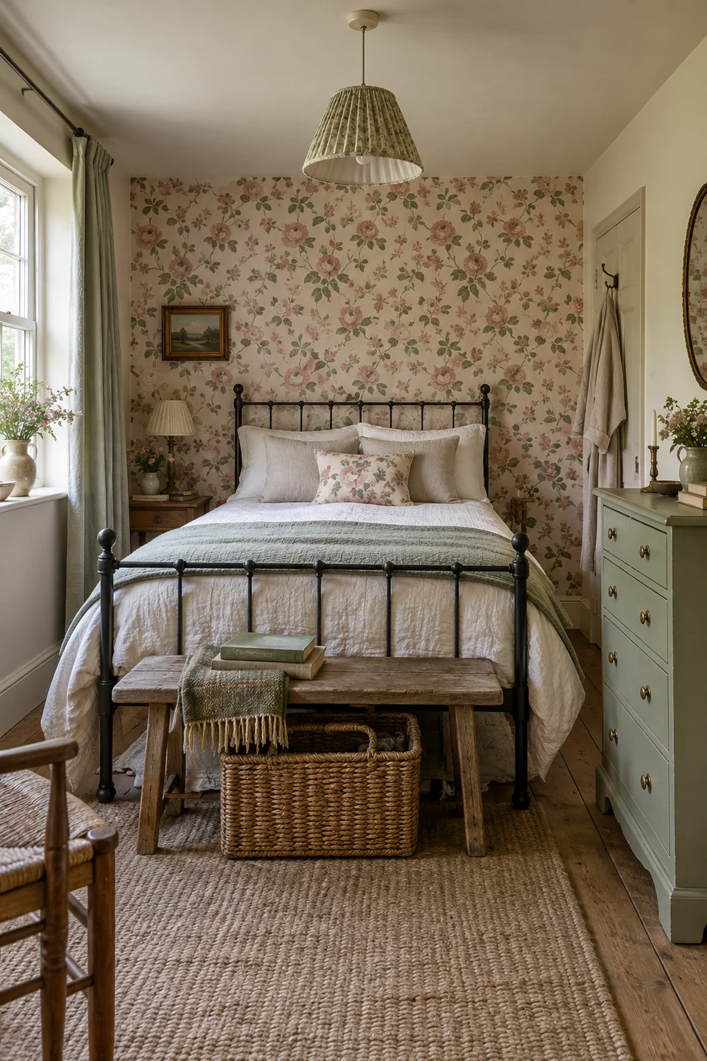 One modest faded rose floral wall behind a plain iron bed and one sage painted chest, restrained country hierarchy