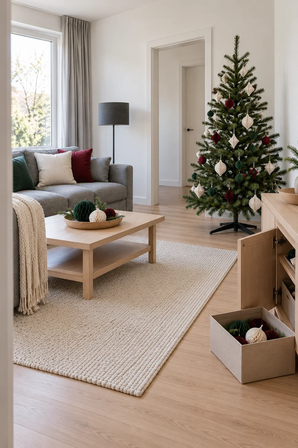 Open ash cupboard and ornament box beside the displayed Christmas tree