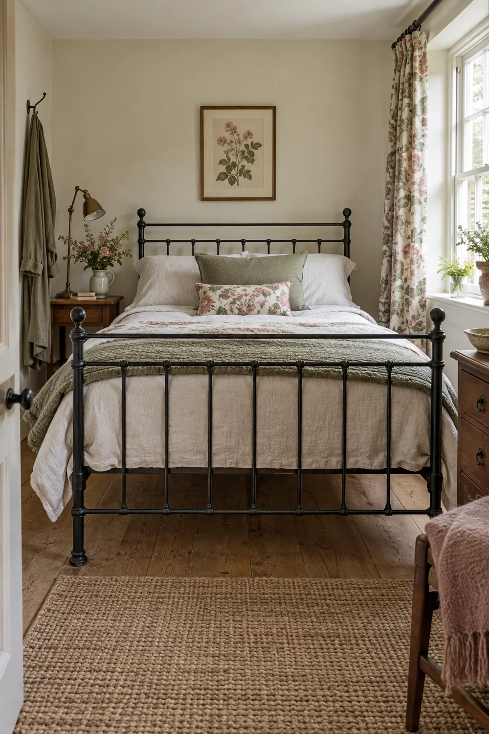 Open blackened iron guest bed frame with wall and floor visible through posts in a compact room