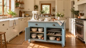 Open blue baking cabinet with bowls trays and a cream mixer on top