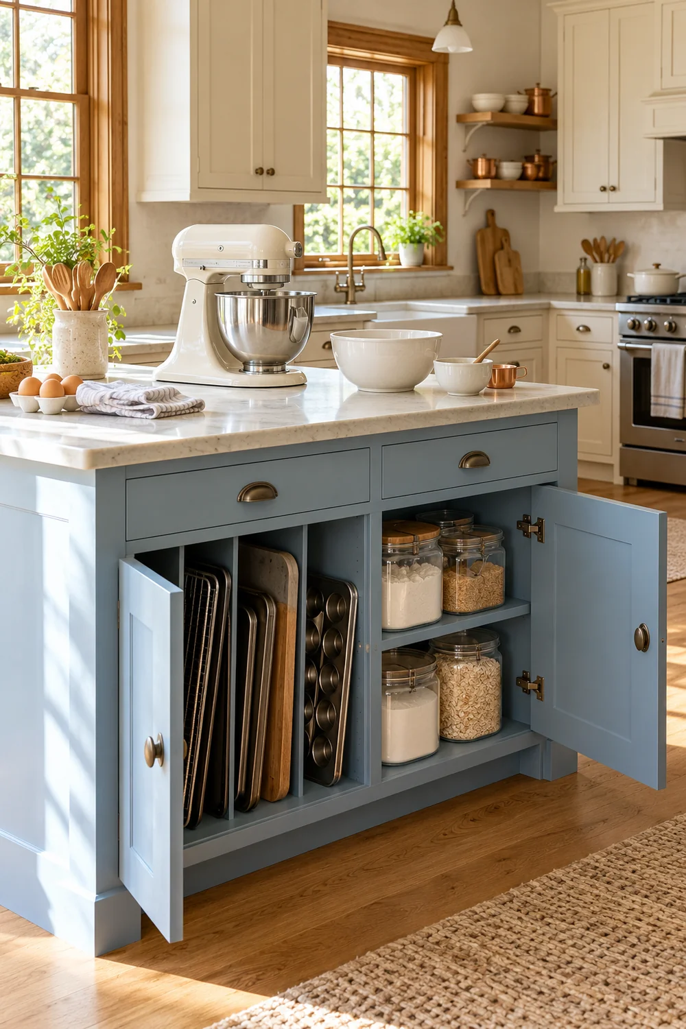 Open blue baking storage with upright trays ingredient jars and cream mixer