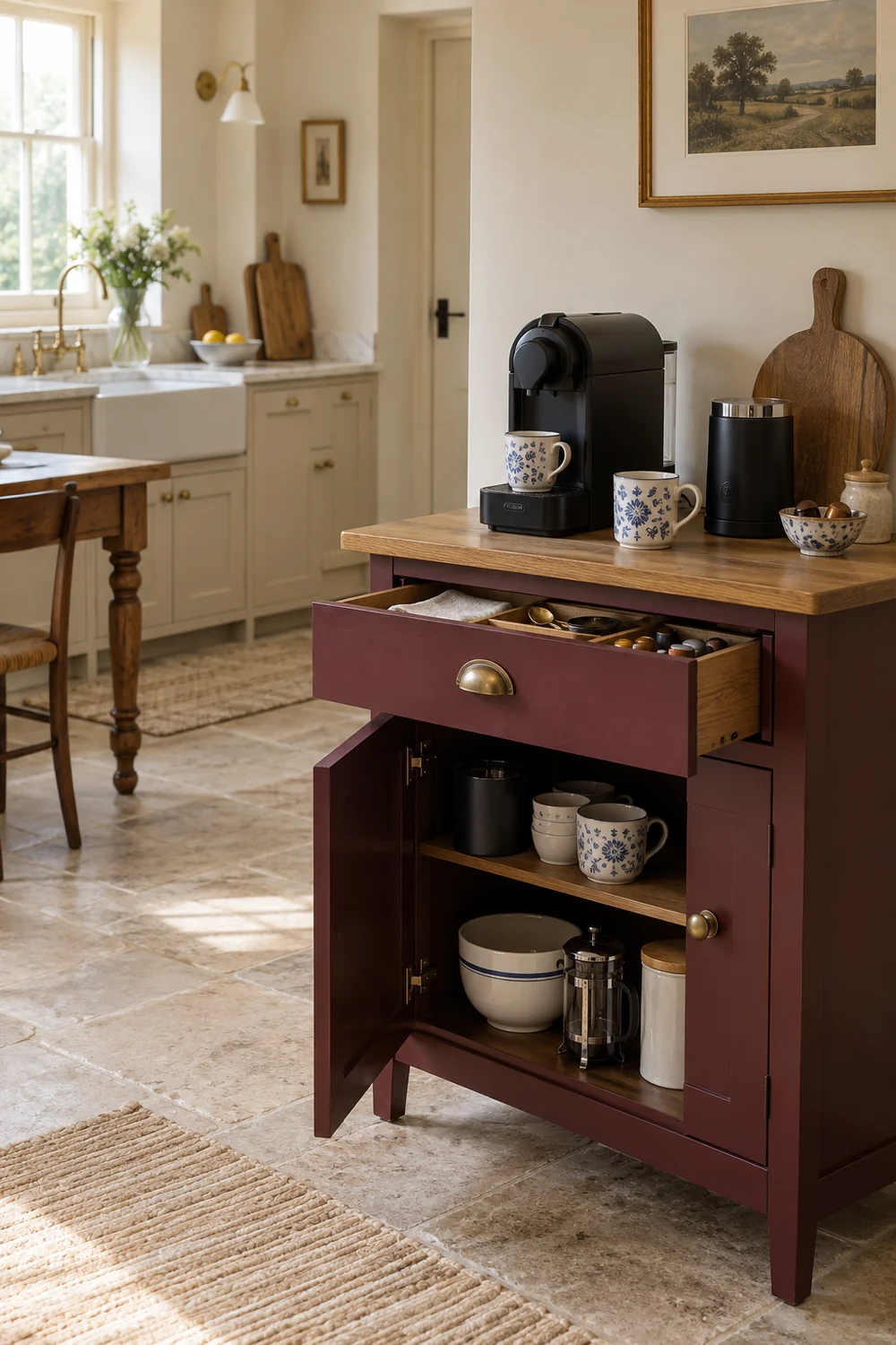 Open burgundy coffee cabinet drawer and cupboard showing cups and tools