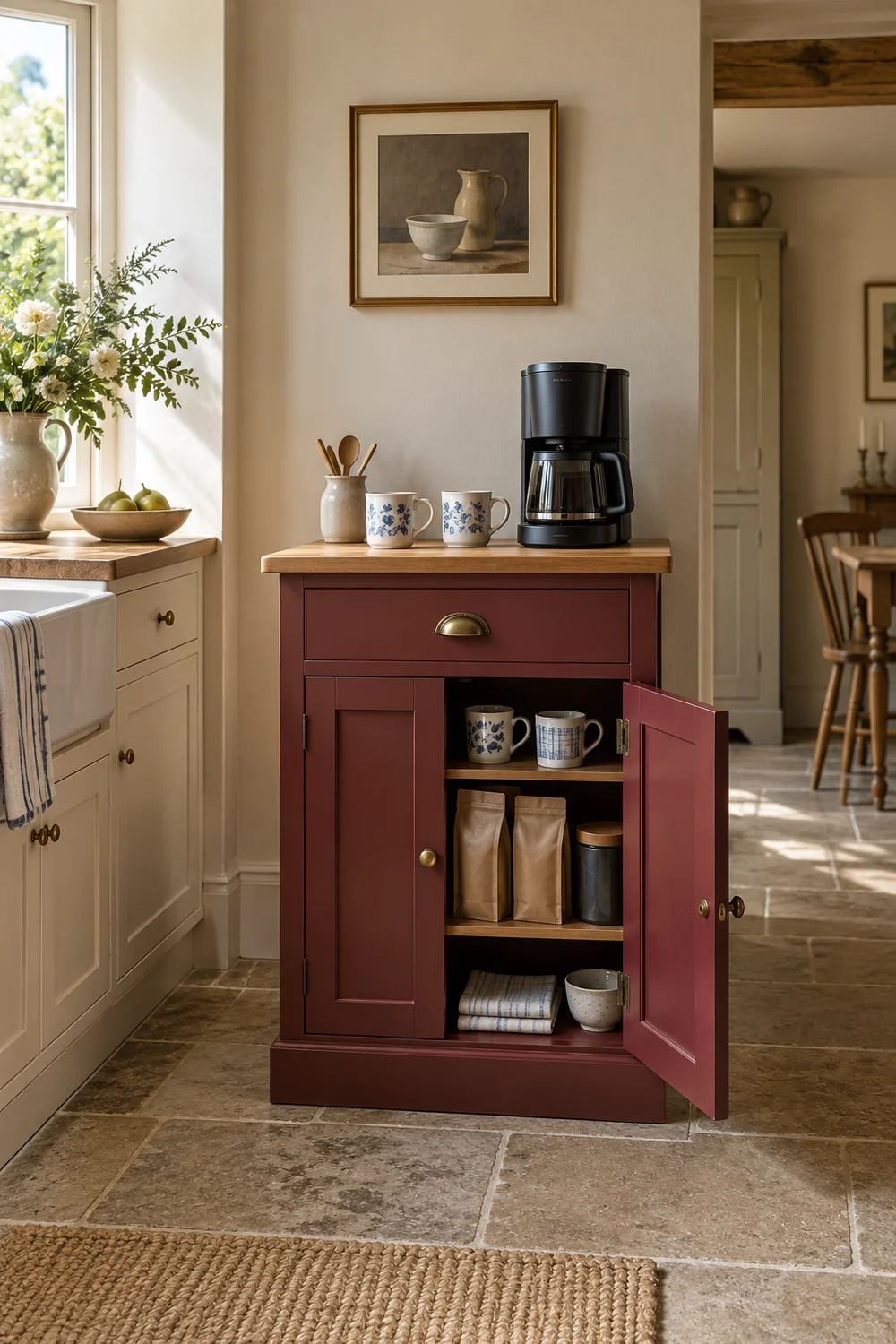 Open burgundy coffee cupboard with spare mugs plain packets and folded cloths