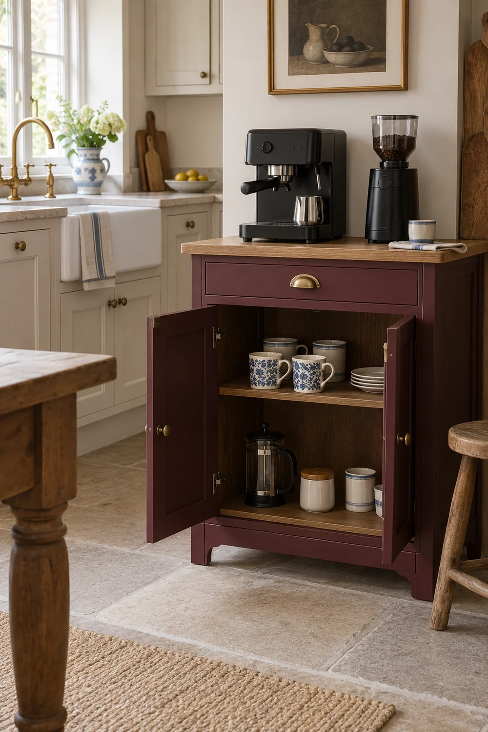 Open burgundy coffee cupboard with two patterned daily mugs on the upper shelf