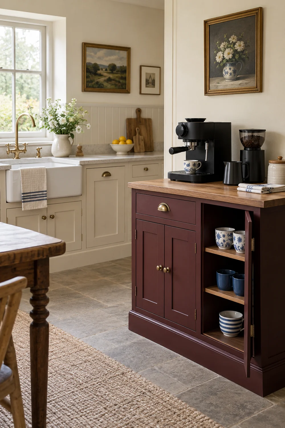 Open burgundy cupboard with coffee cups beside a kitchen sink and clear floor