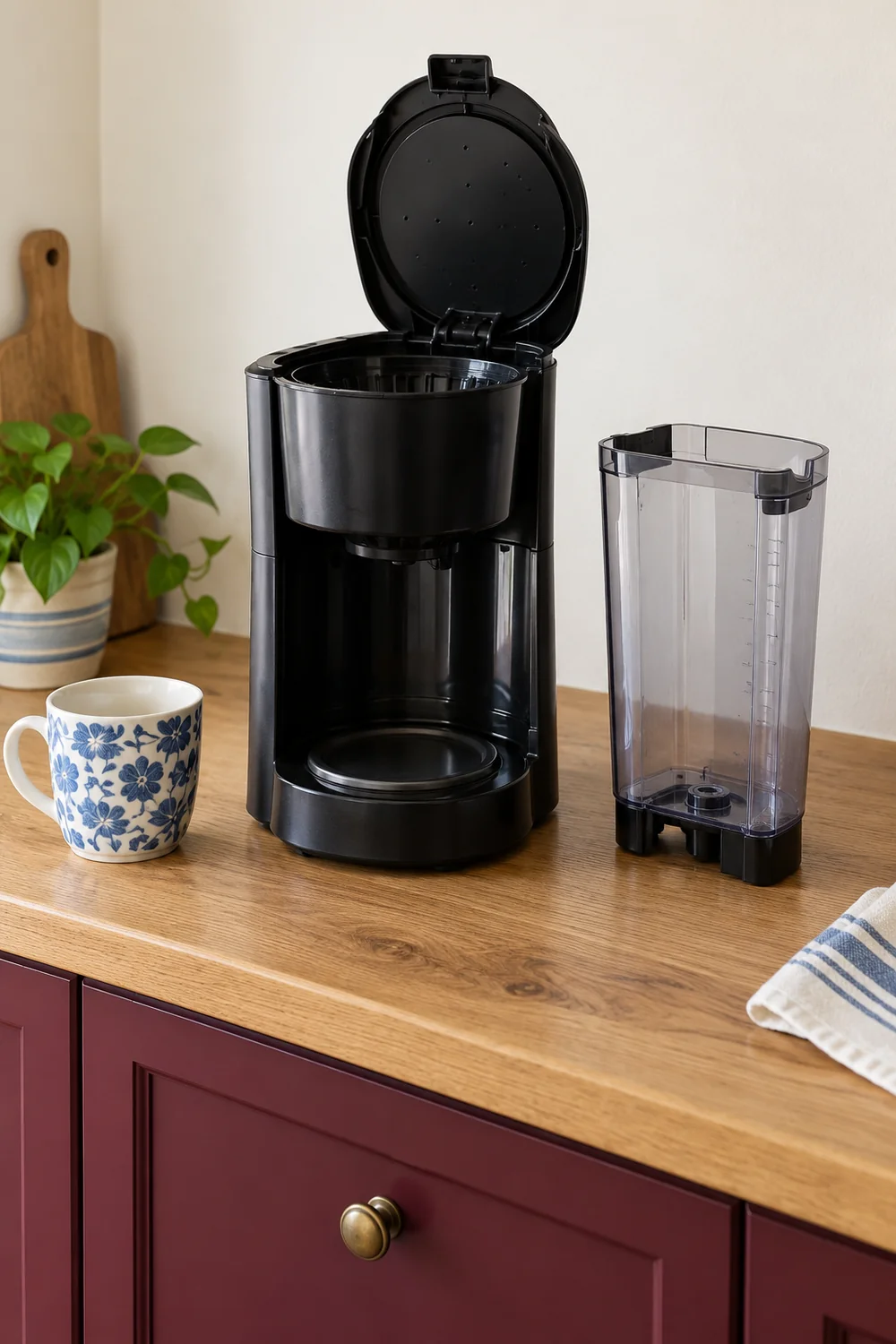 Open coffee brewer with a detached water tank resting on an oak worktop