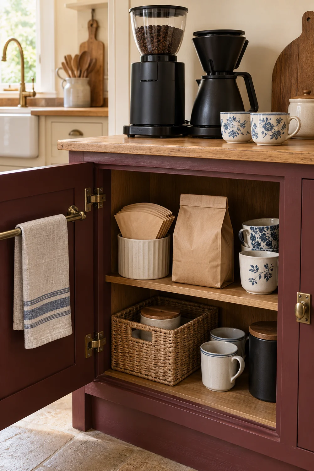 Open coffee cupboard with paper filters plain packets cups and a folded cloth