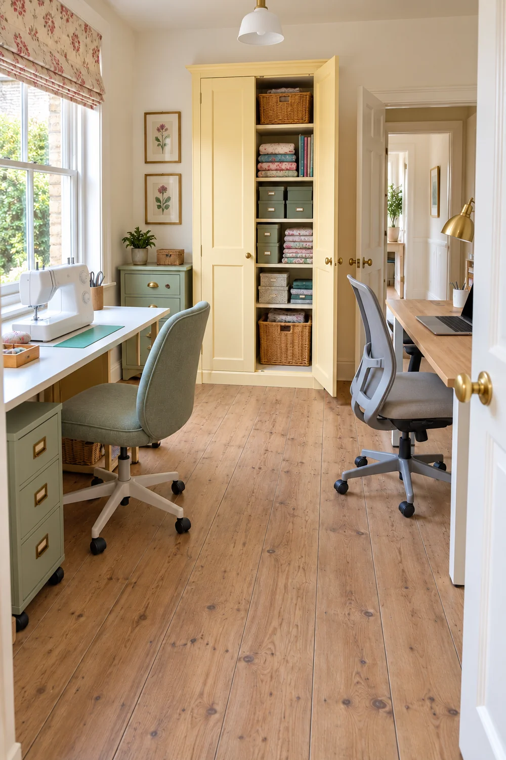 Open cupboard and room door behind separate sewing and laptop stations