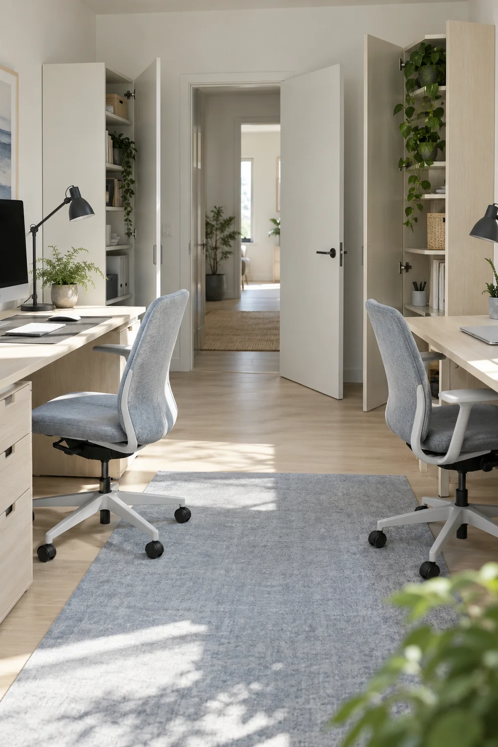 Open door and storage beside two desks with circulation still clear