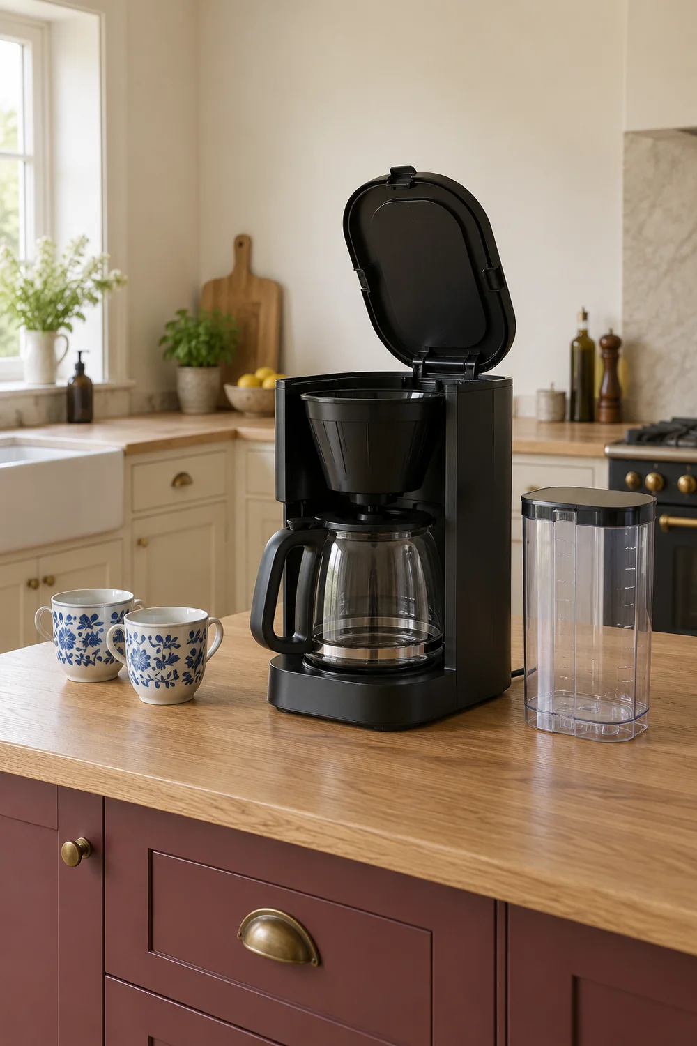 Open filter coffee brewer and detached water container beside two patterned cups