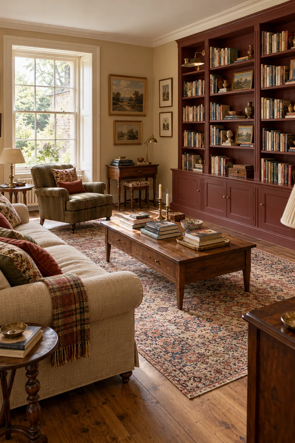Open floor route between an oatmeal sofa and a wall of walnut bookshelves