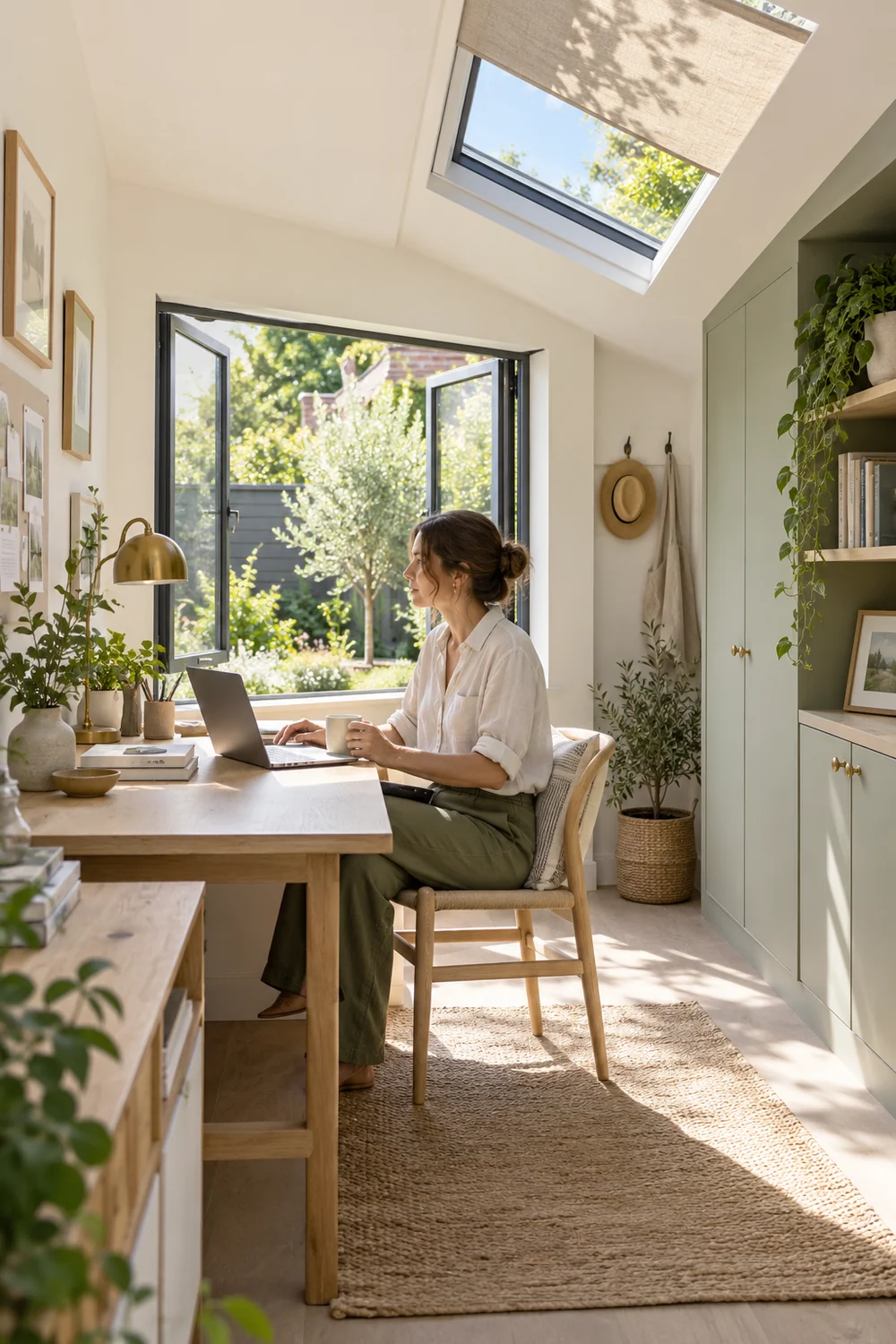 Open garden office windows and a shaded roof window
