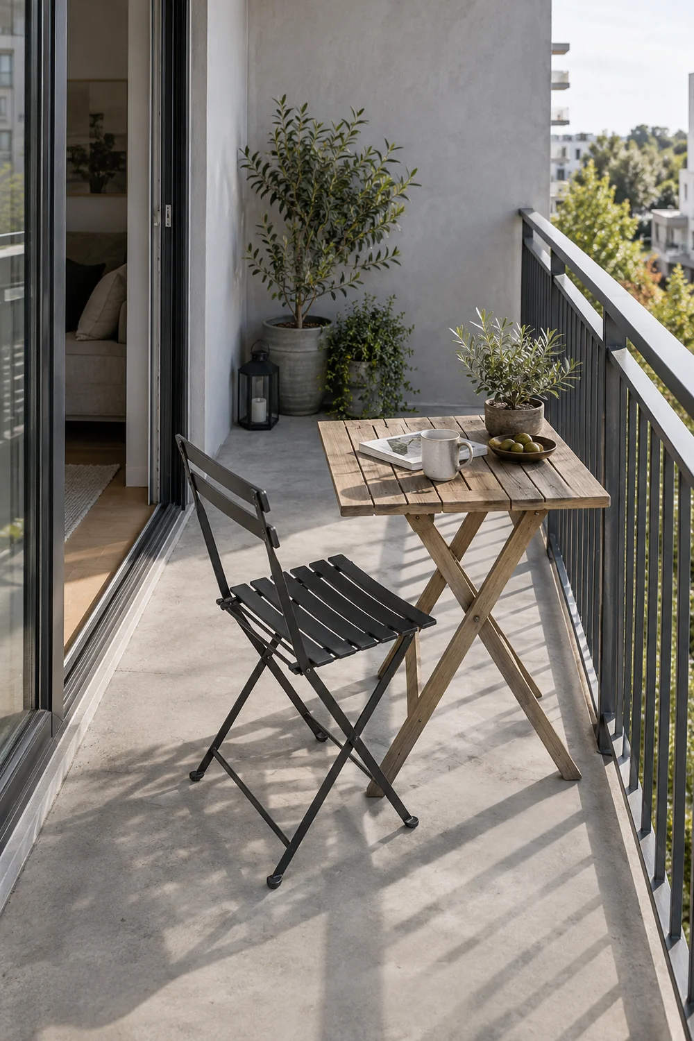Open graphite folding chair and wooden table on a grey balcony floor