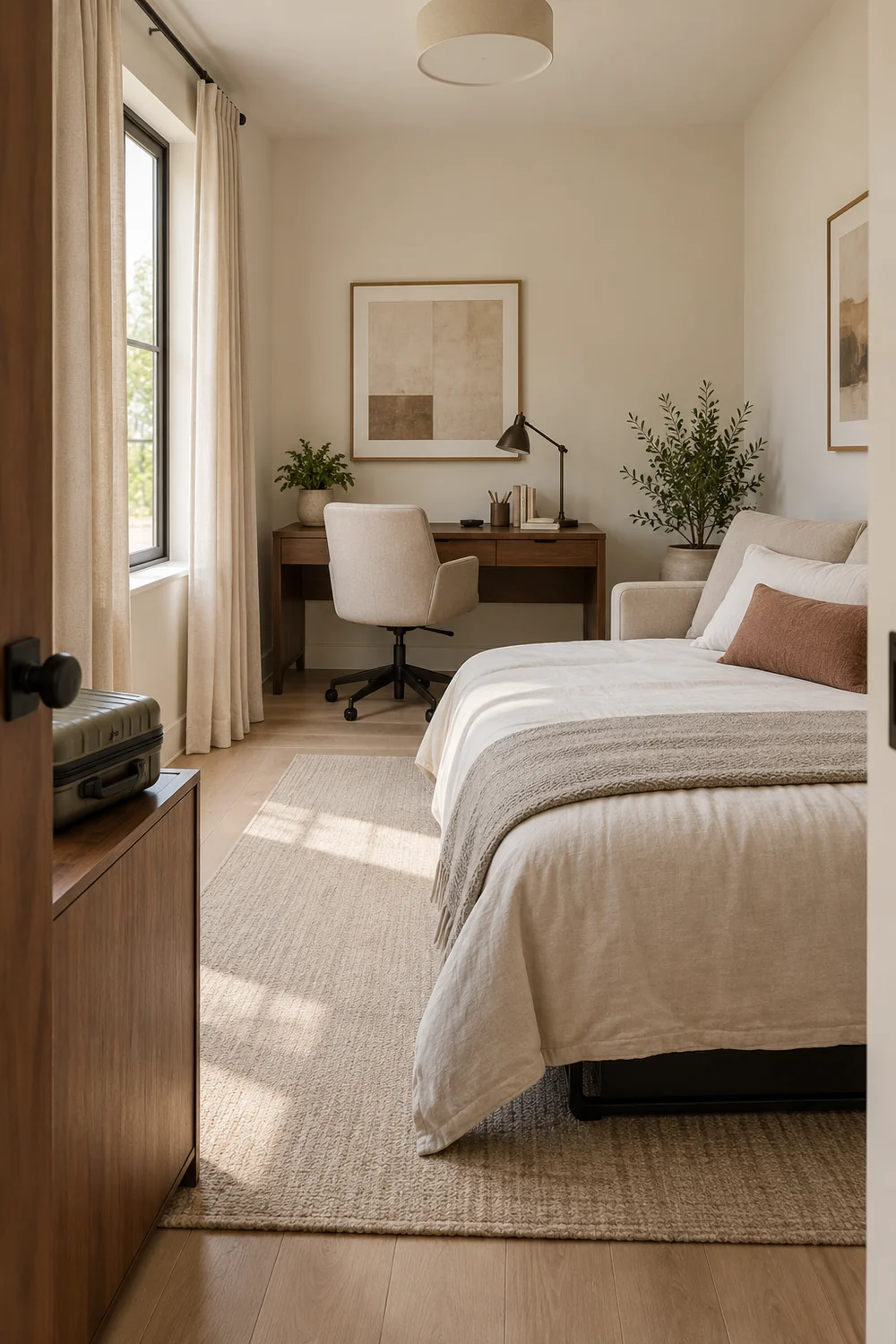 Open guest bed beside clear entry floor and a suitcase on a walnut cabinet