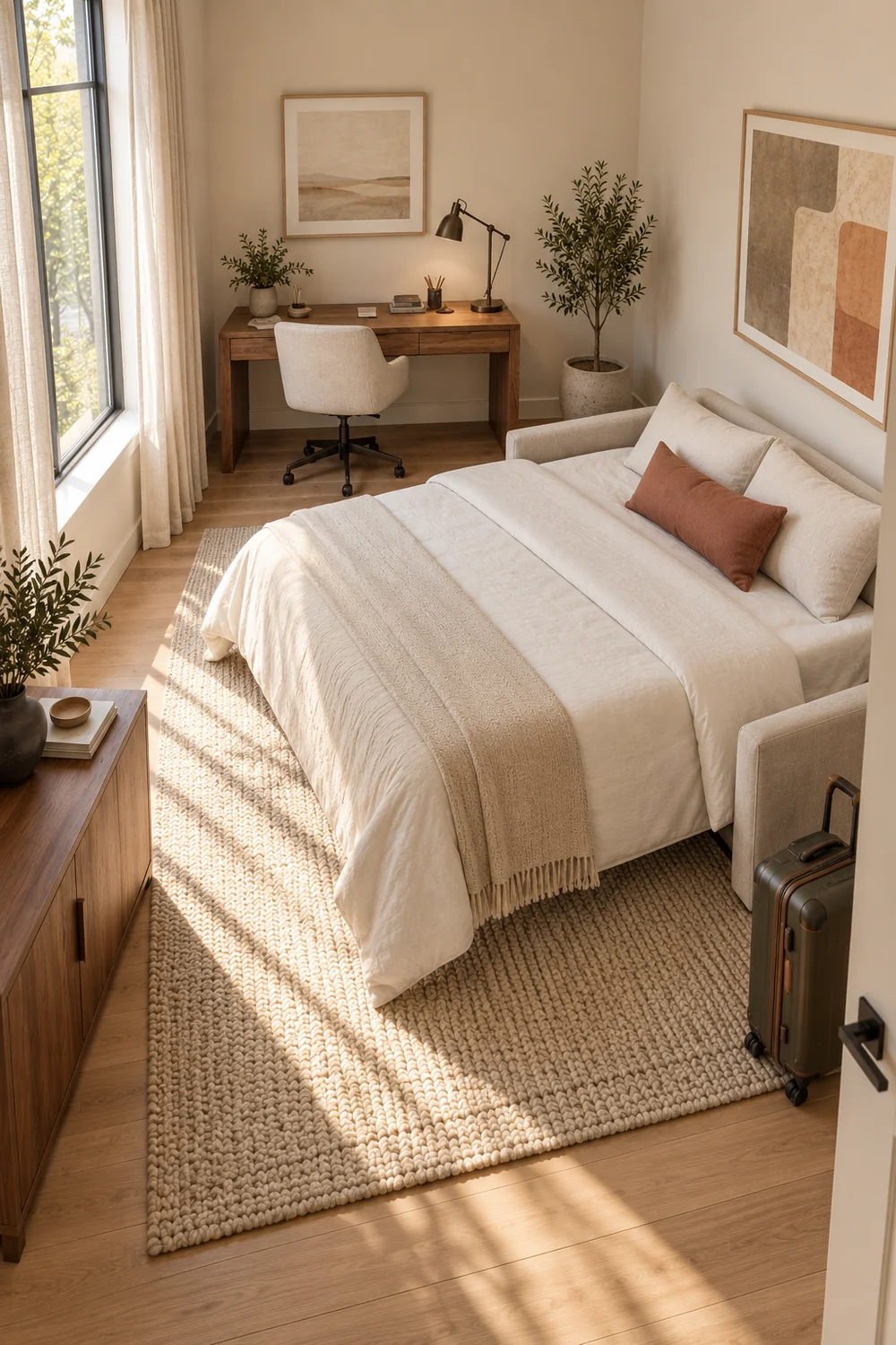 Open guest sleeping surface with cream bedding beside a desk and suitcase